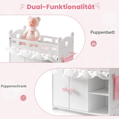 Puppenbett mit Kleiderschrank aus Holz – Spielmoebel fuer Puppen bis 55 cm