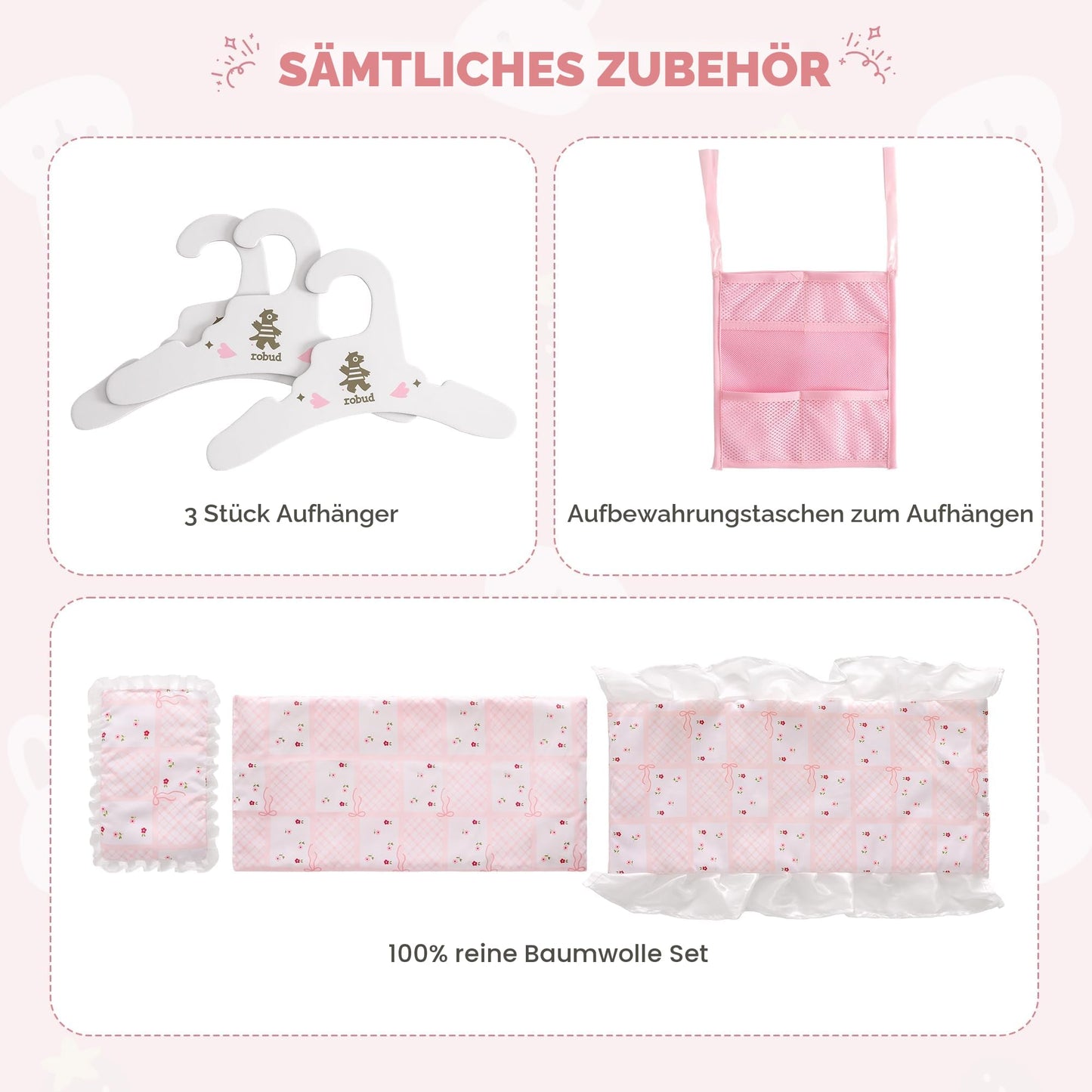 Puppenbett mit Kleiderschrank aus Holz – Spielmoebel fuer Puppen bis 55 cm