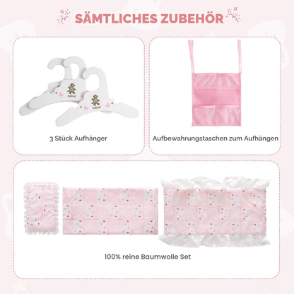 Puppenbett mit Kleiderschrank aus Holz – Spielmoebel fuer Puppen bis 55 cm