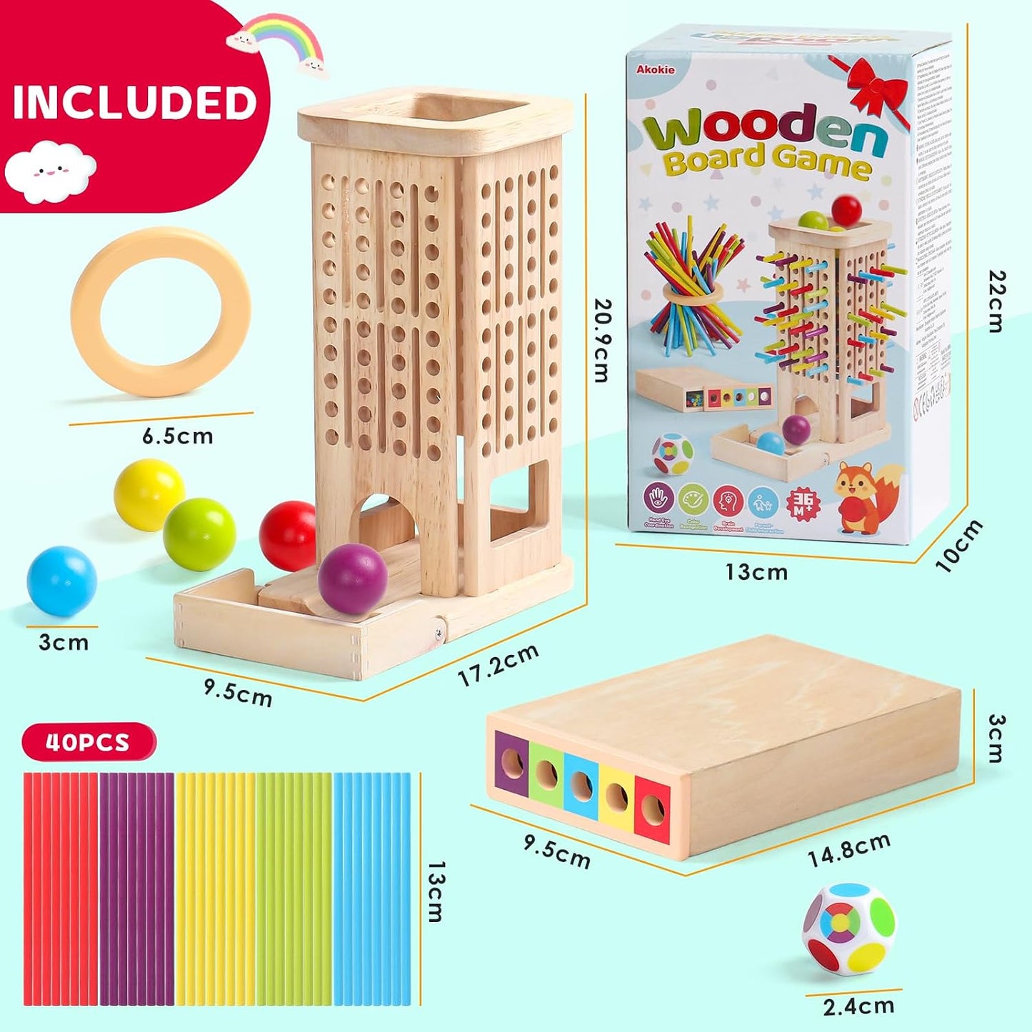 3-in-1 Holz-Stäbchenspiel – Farblernturm & Balancespiel ab 3 J.