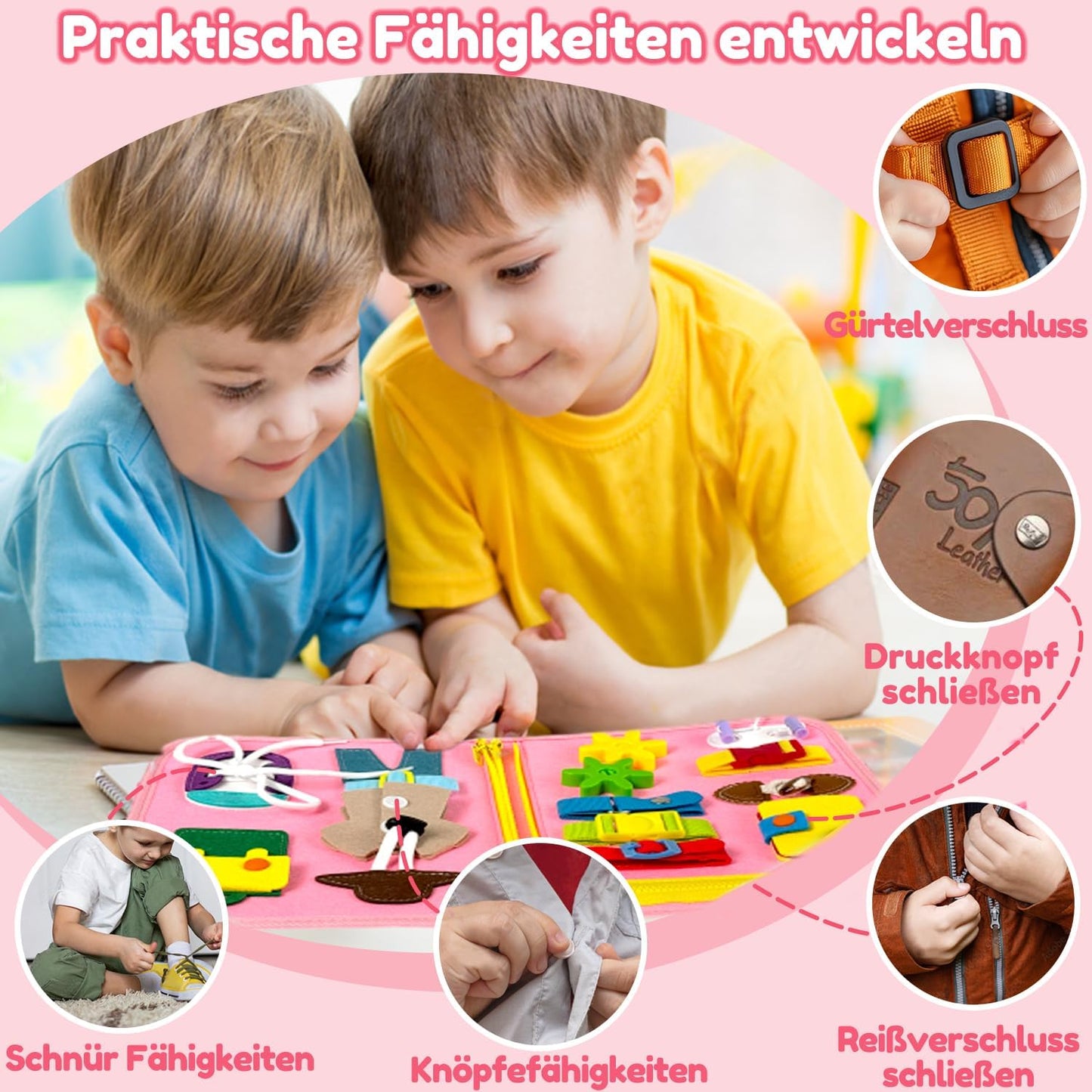 Filz Busy Board 8 Seiten – 20+ Aktivitäten, Reisespielzeug ab 3 J.