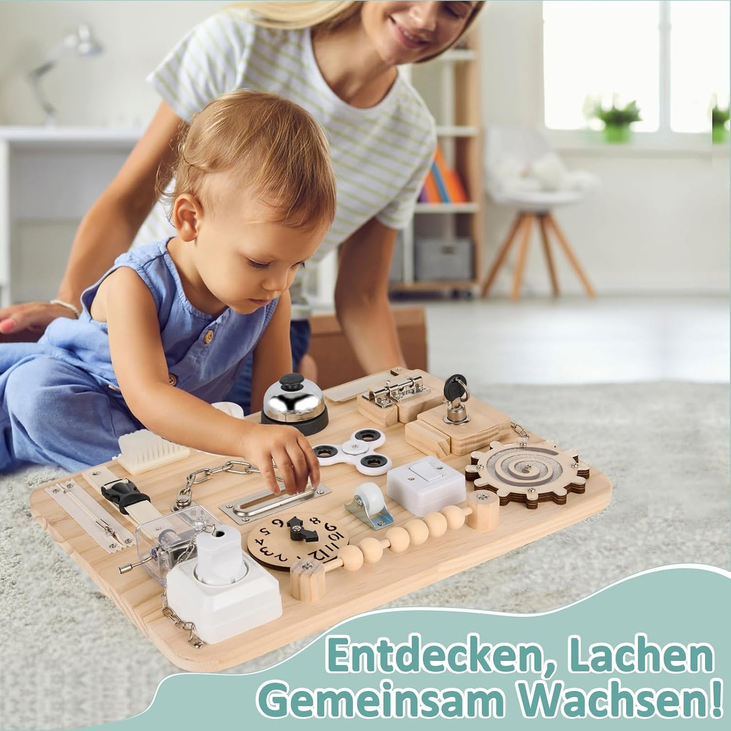Tableau d'activités Montessori en bois – Plus de 18 activités pour les tout-petits