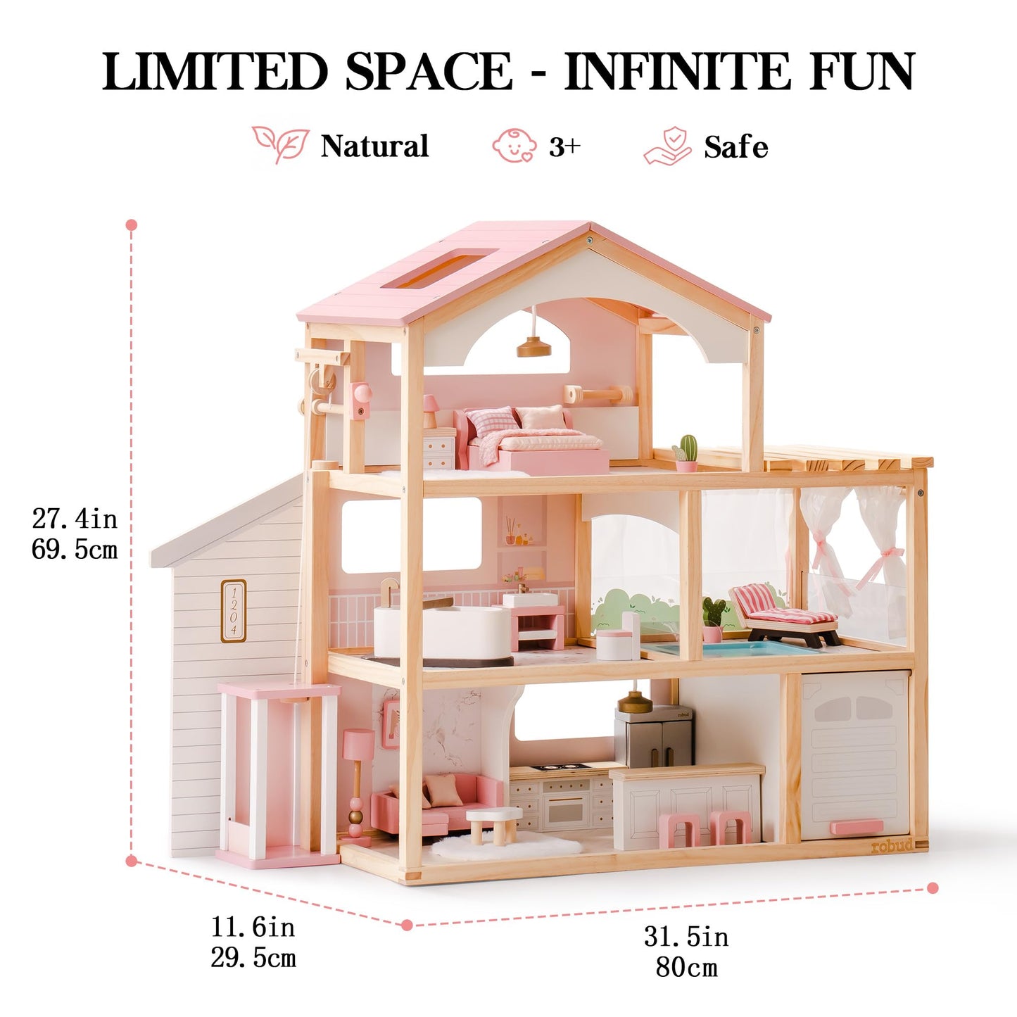 Luxus Puppenvilla mit Aufzug, Garage, Pavillon & Schwimmbad