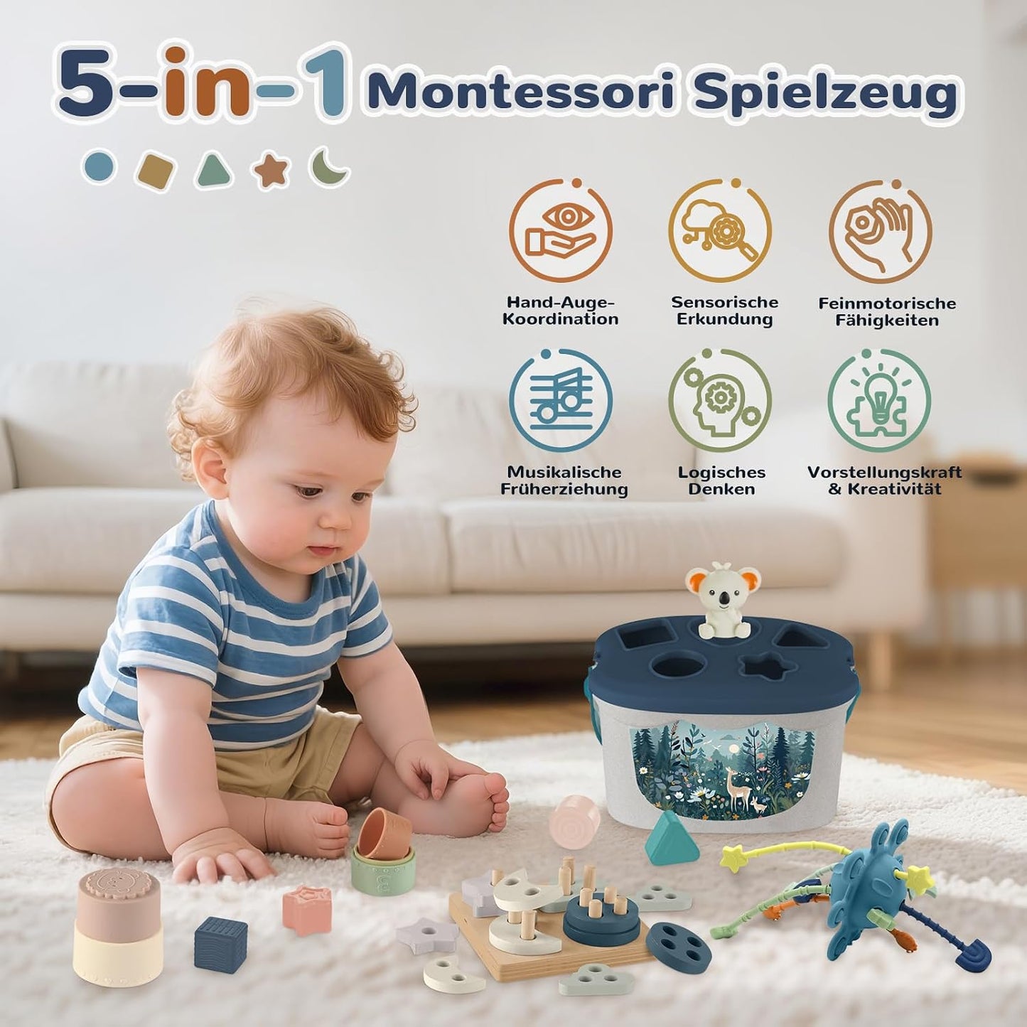 Jouet sensoriel Montessori 5-en-1 dès 6 mois – Boîte de tri, xylophone et gobelets empilables