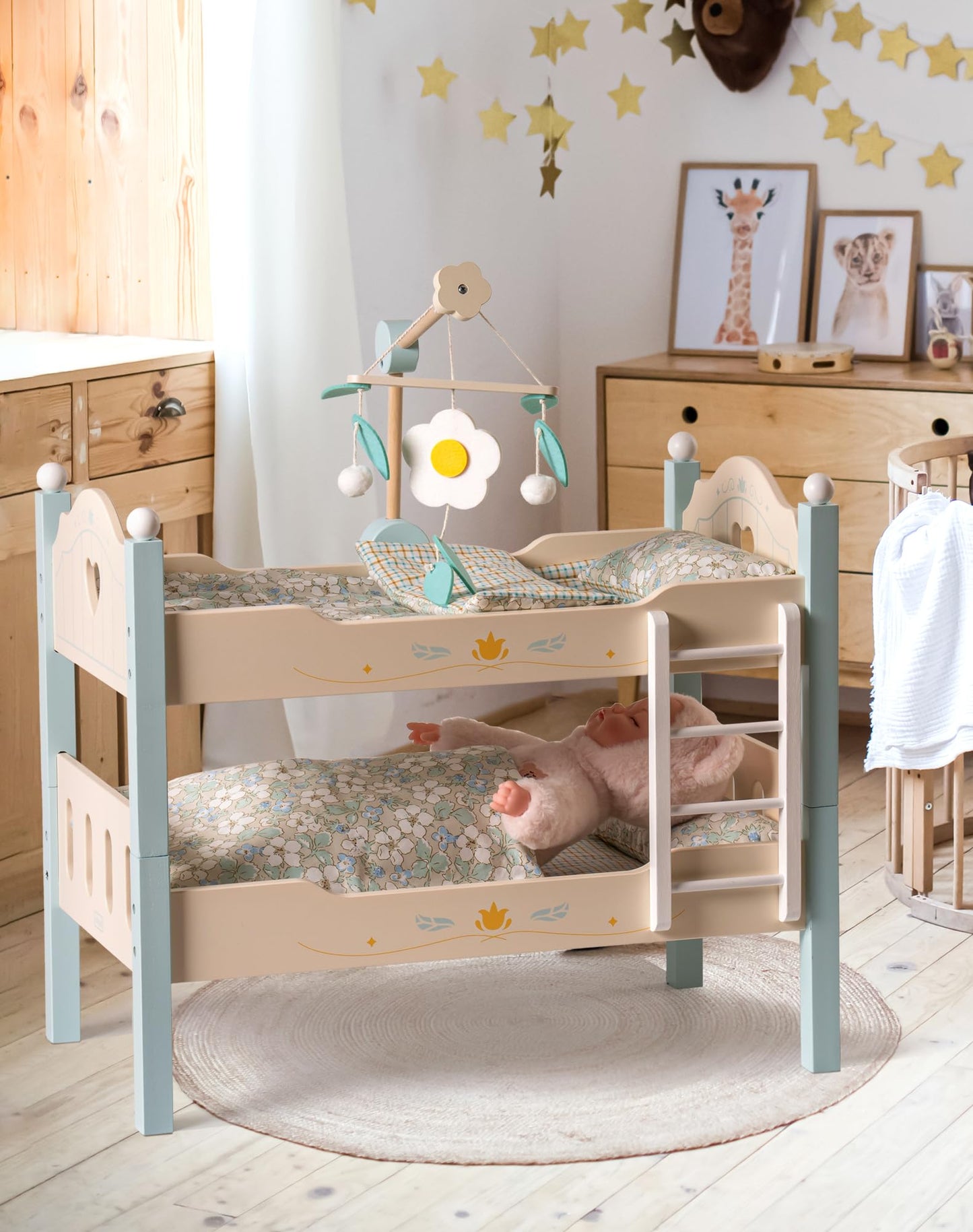 Holz Puppenbett 2-in-1 Etagenbett für 43 cm Puppen mit Zubehör