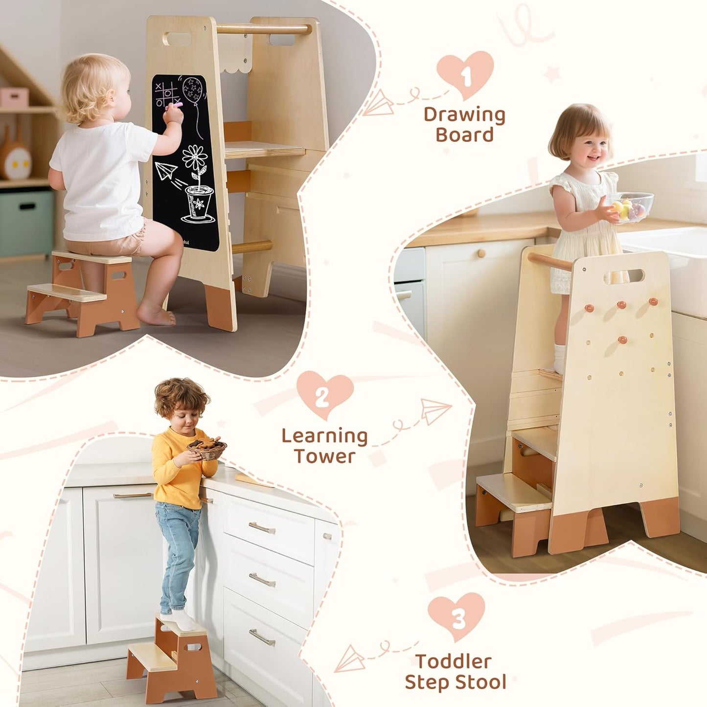2-in-1 Lernturm aus Holz mit Tritthocker & Tafel