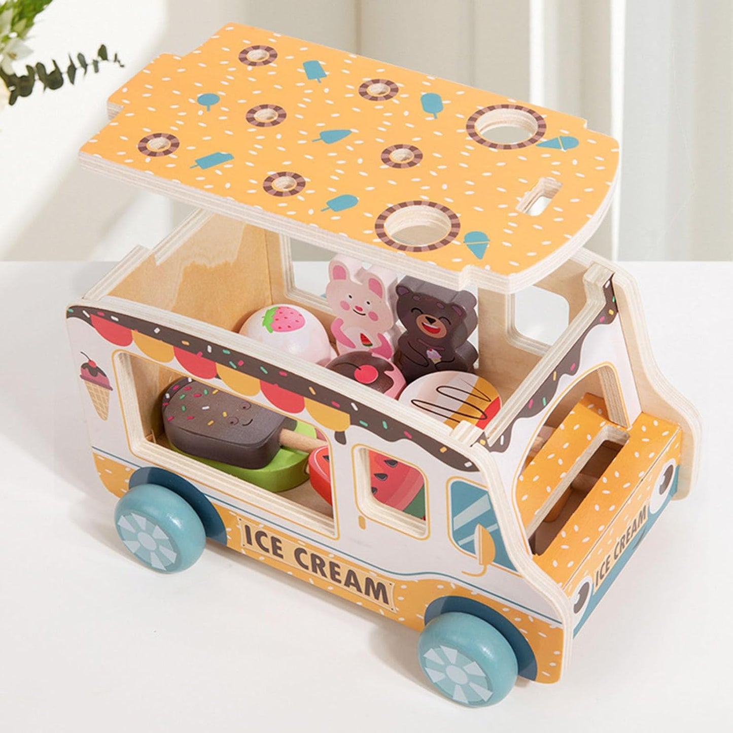 Fahrbarer Holz-Eiswagen mit Eiszubehör – Rollenspiel ab 3