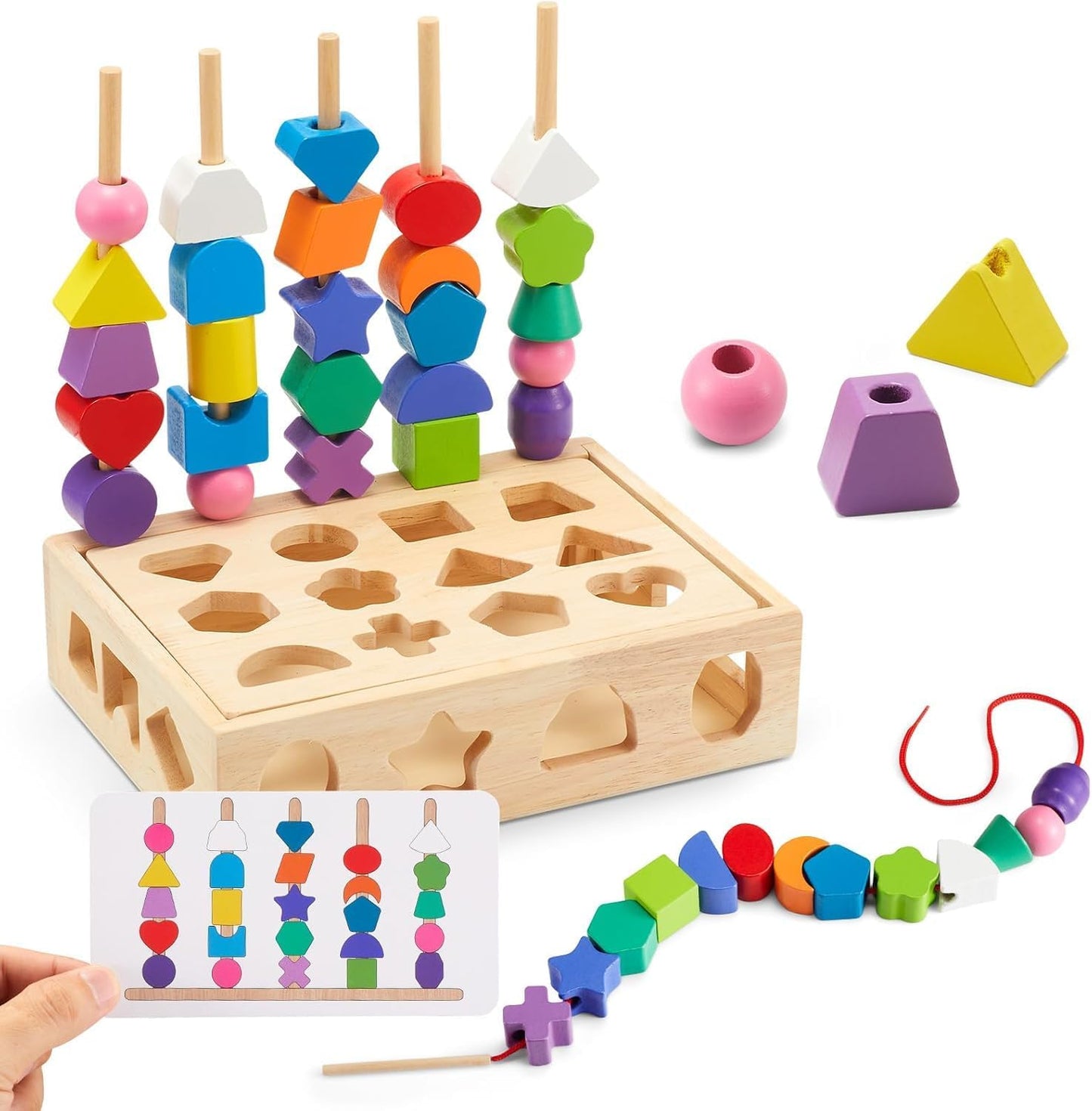 Perlenfaedelspiel Holz 25 Perlen & 8 Musterkarten ab 3 Jahre