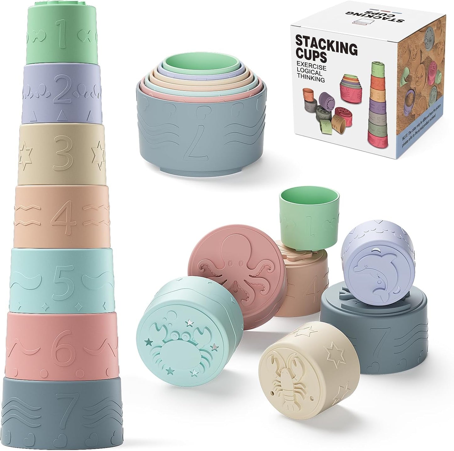 Baby Stapelbecher Spielzeug Für 3 6 12 Monate+, Silikon Stapelturm mit 7 Bechern, Mit Einzigartiger Meereslebewesen-Gravur Und Erhabenen Zahlen, Für Badespaß, Geschenke Für Jungen & Mädchen Ab 1 Jahr
