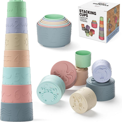 Baby Stapelbecher Spielzeug Für 3 6 12 Monate+, Silikon Stapelturm mit 7 Bechern, Mit Einzigartiger Meereslebewesen-Gravur Und Erhabenen Zahlen, Für Badespaß, Geschenke Für Jungen & Mädchen Ab 1 Jahr