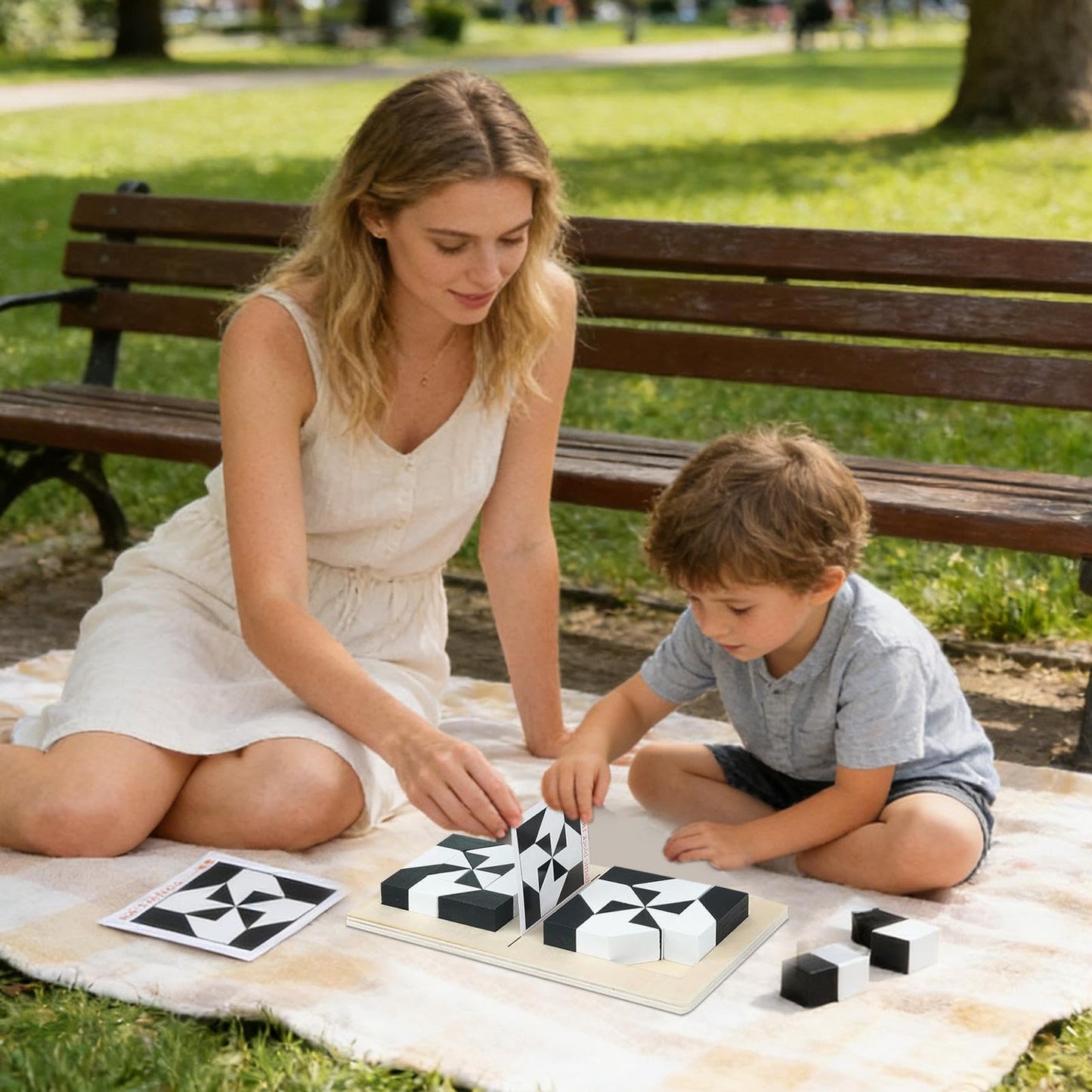 Holz-Blockpuzzle mit 40 Fragekarten – Denkspiel für Kinder & Familie
