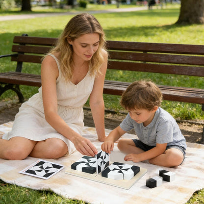 Holz-Blockpuzzle mit 40 Fragekarten – Denkspiel für Kinder & Familie