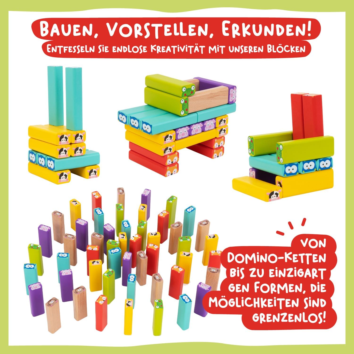 Nene Toys Pädagogisches Kinderspiel ab 3 Jahre - Wackelturm 4 in 1 aus Holz mit Farben und Tieren - Spielzeug für Mädchen und Jungs von 3 bis 9 Jahren - Stapelturm Holz Brettspiel