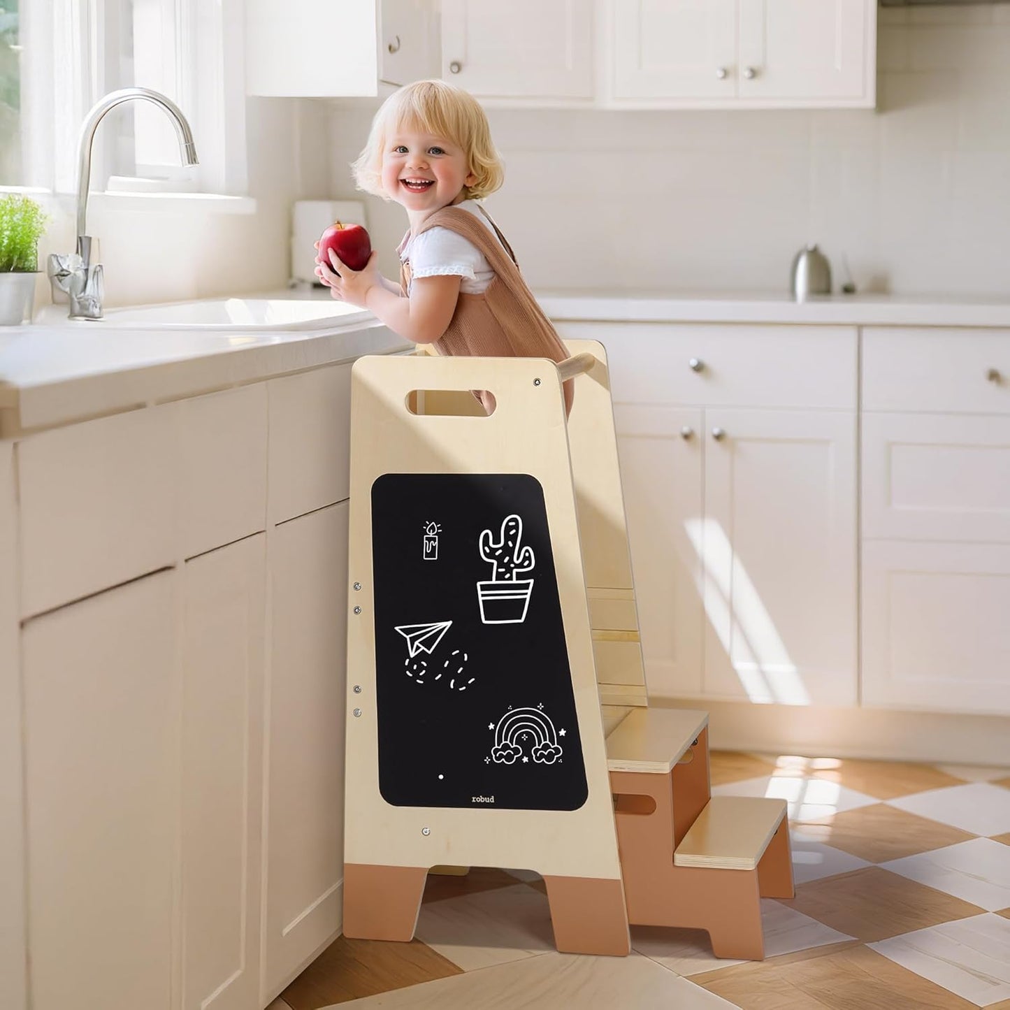 2-in-1 Lernturm aus Holz mit Tritthocker & Tafel