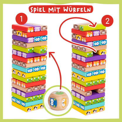 Nene Toys Pädagogisches Kinderspiel ab 3 Jahre - Wackelturm 4 in 1 aus Holz mit Farben und Tieren - Spielzeug für Mädchen und Jungs von 3 bis 9 Jahren - Stapelturm Holz Brettspiel