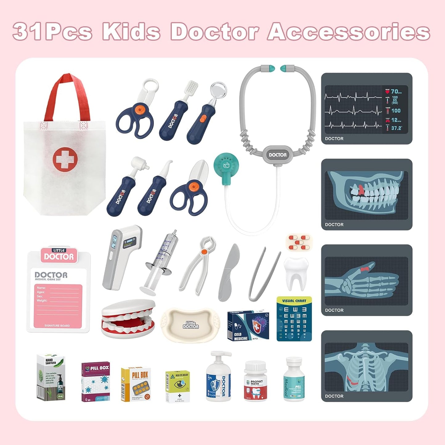 RedCrab Arztkoffer Spielzeug Kinder, 30Pcs Doktorspiele Zubehör Medizinischer Wagen Spielset mit Stethoskop, Thermometer und Spritze, Geschenk für Kinder Rollenspiel Spielzeug ab 3 Jahren