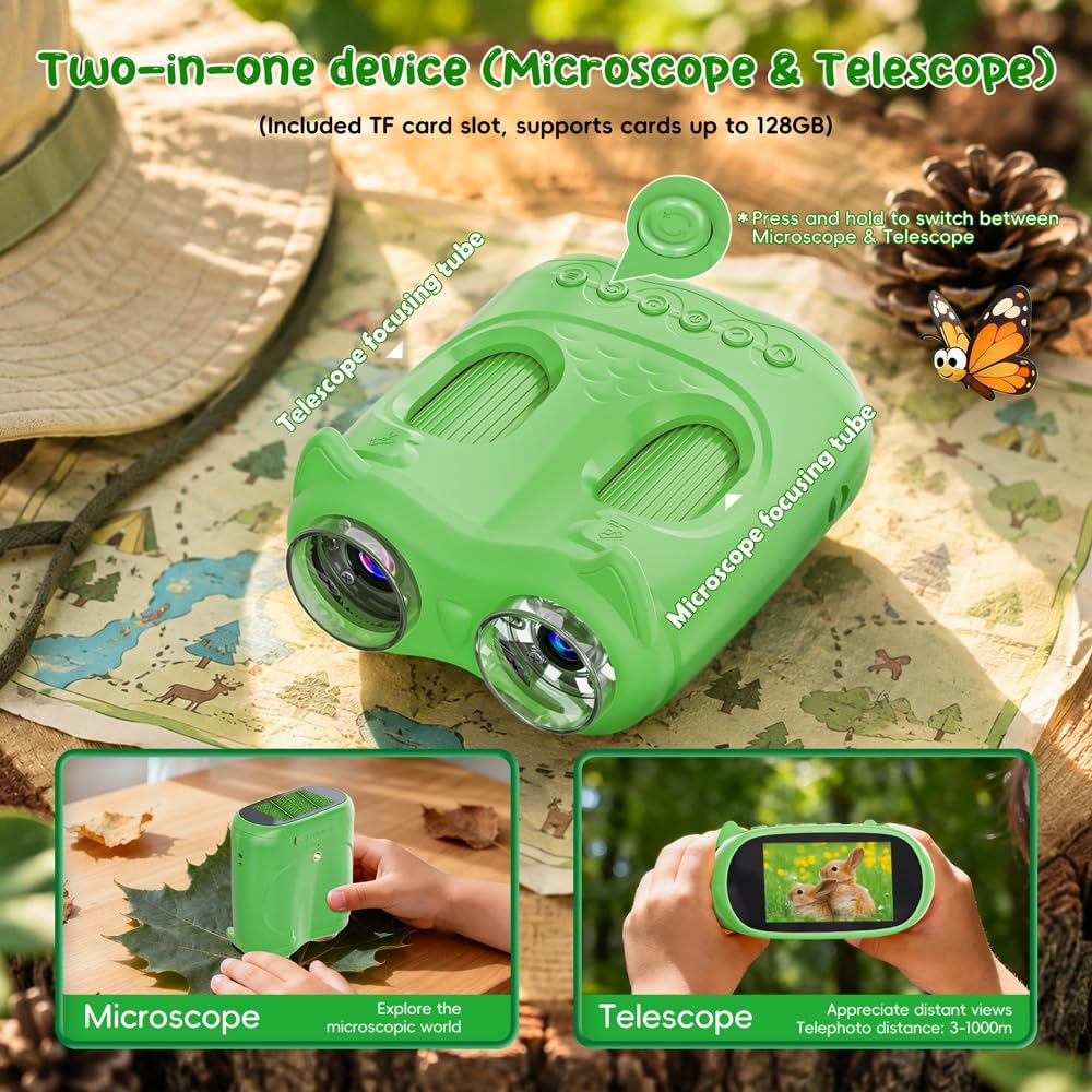 2-in-1 Microscope & Binoculars for Kids – 2.4" IPS Display, 8 LED, Ages 3+