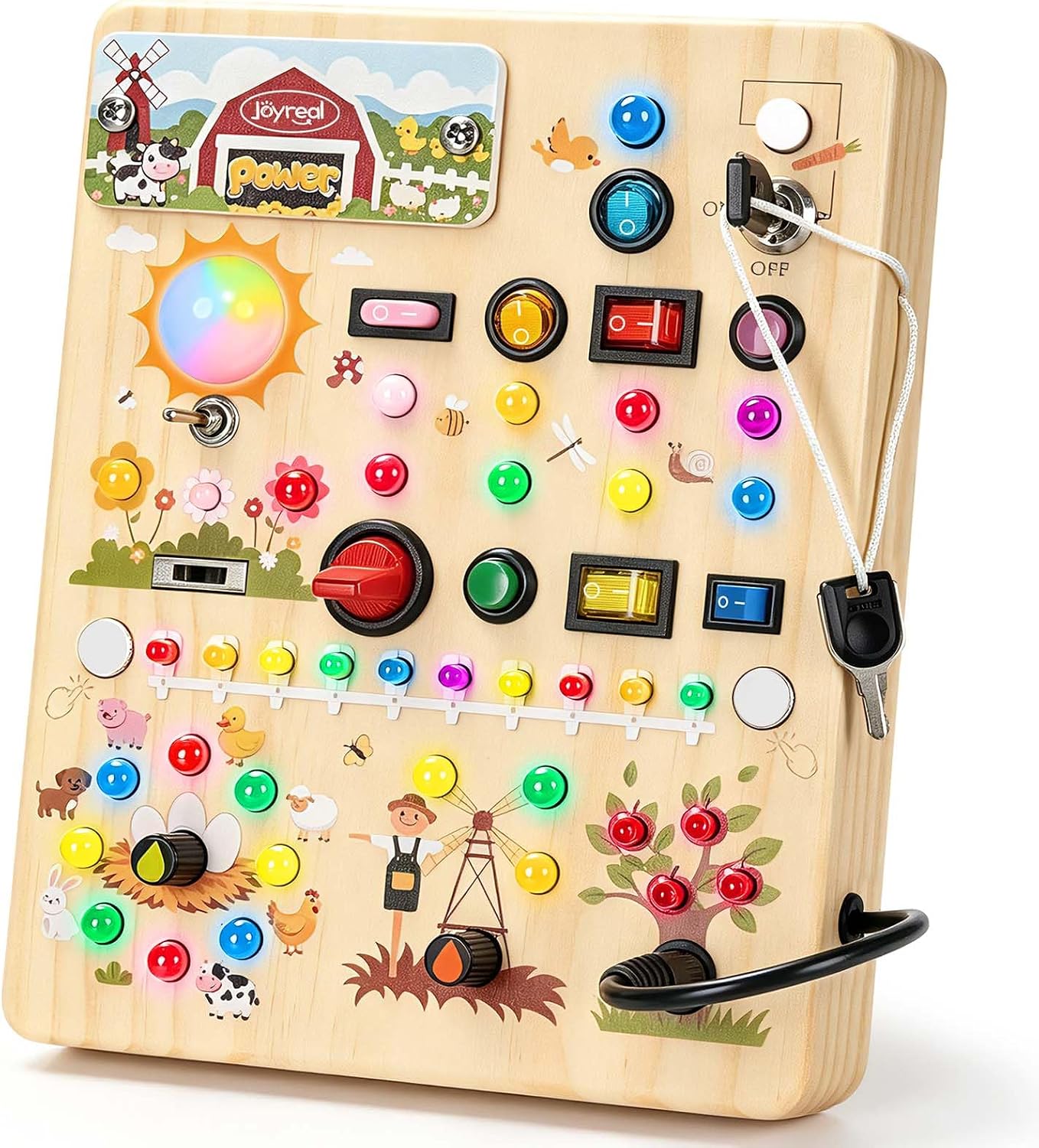 Joyreal Montessori Spielzeug Busy Board ab 1 Jahr, Holz Spielzeug Mit 39 Led Lichtern & 17 Schaltern, Motorikspielzeug Sensorik Spielzeug Lernspielzeug für 1 2 3 Jahre, Geschenk Junge Mädchen