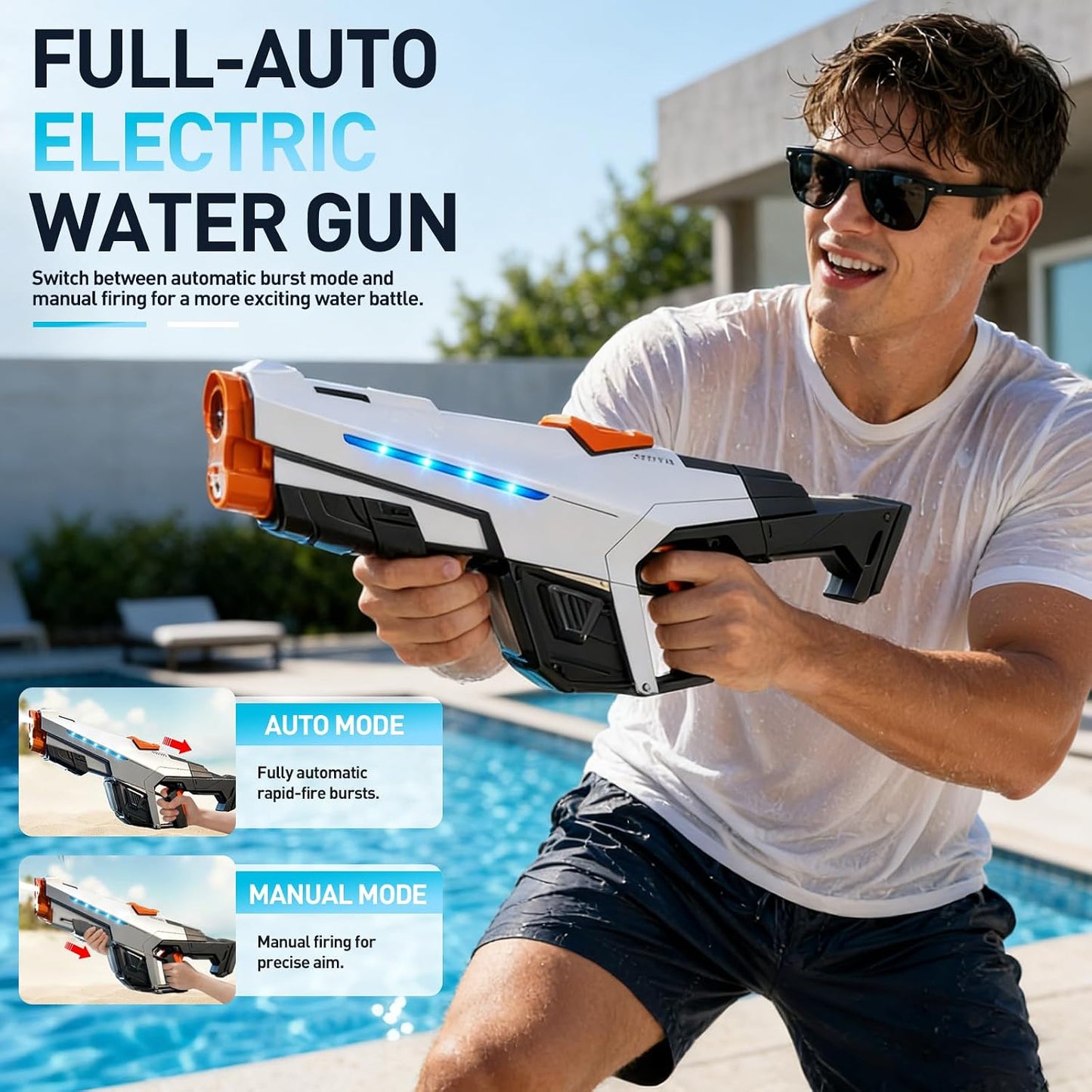 Elektrische Wasserpistole 610ml mit Licht USB-Akku 8-10m Reichweite