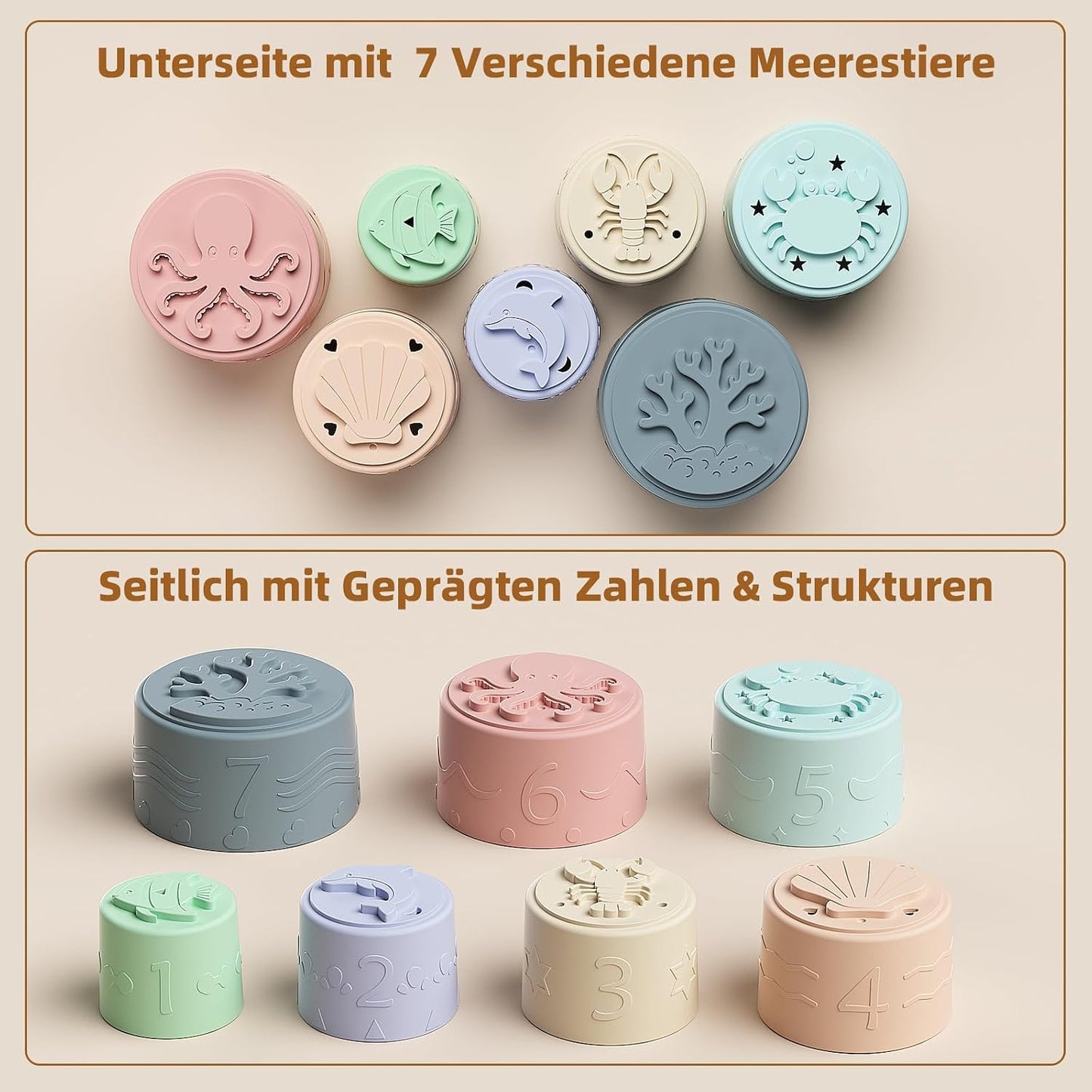 Baby Stapelbecher Spielzeug Für 3 6 12 Monate+, Silikon Stapelturm mit 7 Bechern, Mit Einzigartiger Meereslebewesen-Gravur Und Erhabenen Zahlen, Für Badespaß, Geschenke Für Jungen & Mädchen Ab 1 Jahr