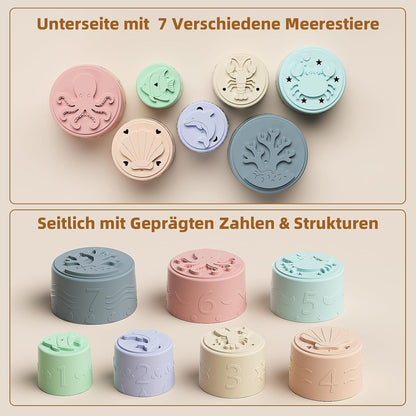 Baby Stapelbecher Spielzeug Für 3 6 12 Monate+, Silikon Stapelturm mit 7 Bechern, Mit Einzigartiger Meereslebewesen-Gravur Und Erhabenen Zahlen, Für Badespaß, Geschenke Für Jungen & Mädchen Ab 1 Jahr