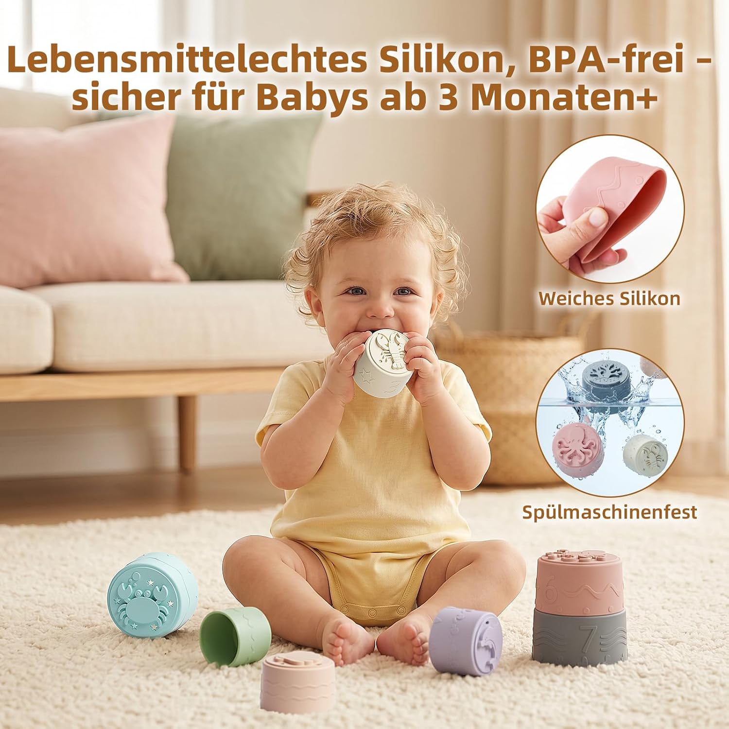 Baby Stapelbecher Spielzeug Für 3 6 12 Monate+, Silikon Stapelturm mit 7 Bechern, Mit Einzigartiger Meereslebewesen-Gravur Und Erhabenen Zahlen, Für Badespaß, Geschenke Für Jungen & Mädchen Ab 1 Jahr