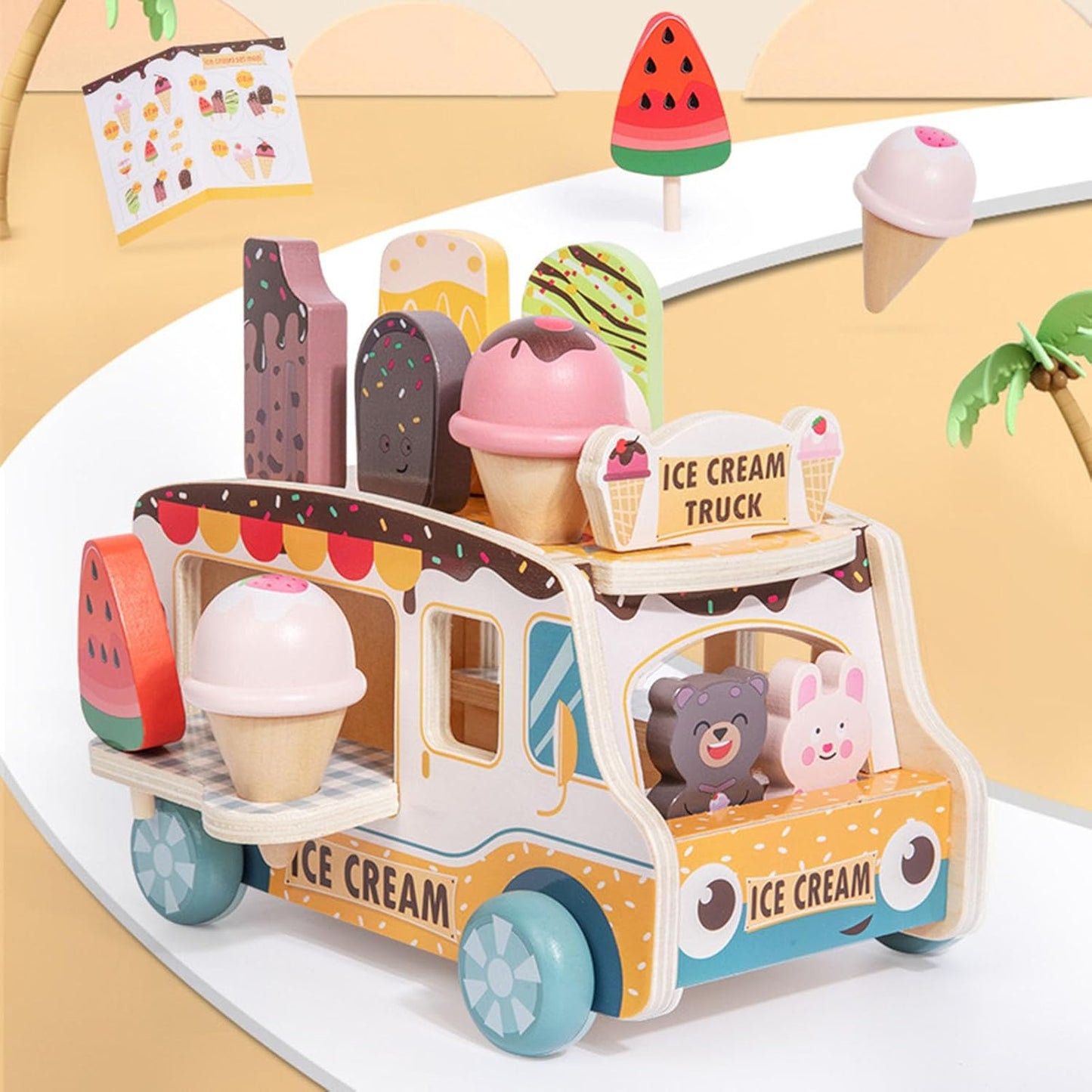 Fahrbarer Holz-Eiswagen mit Eiszubehör – Rollenspiel ab 3