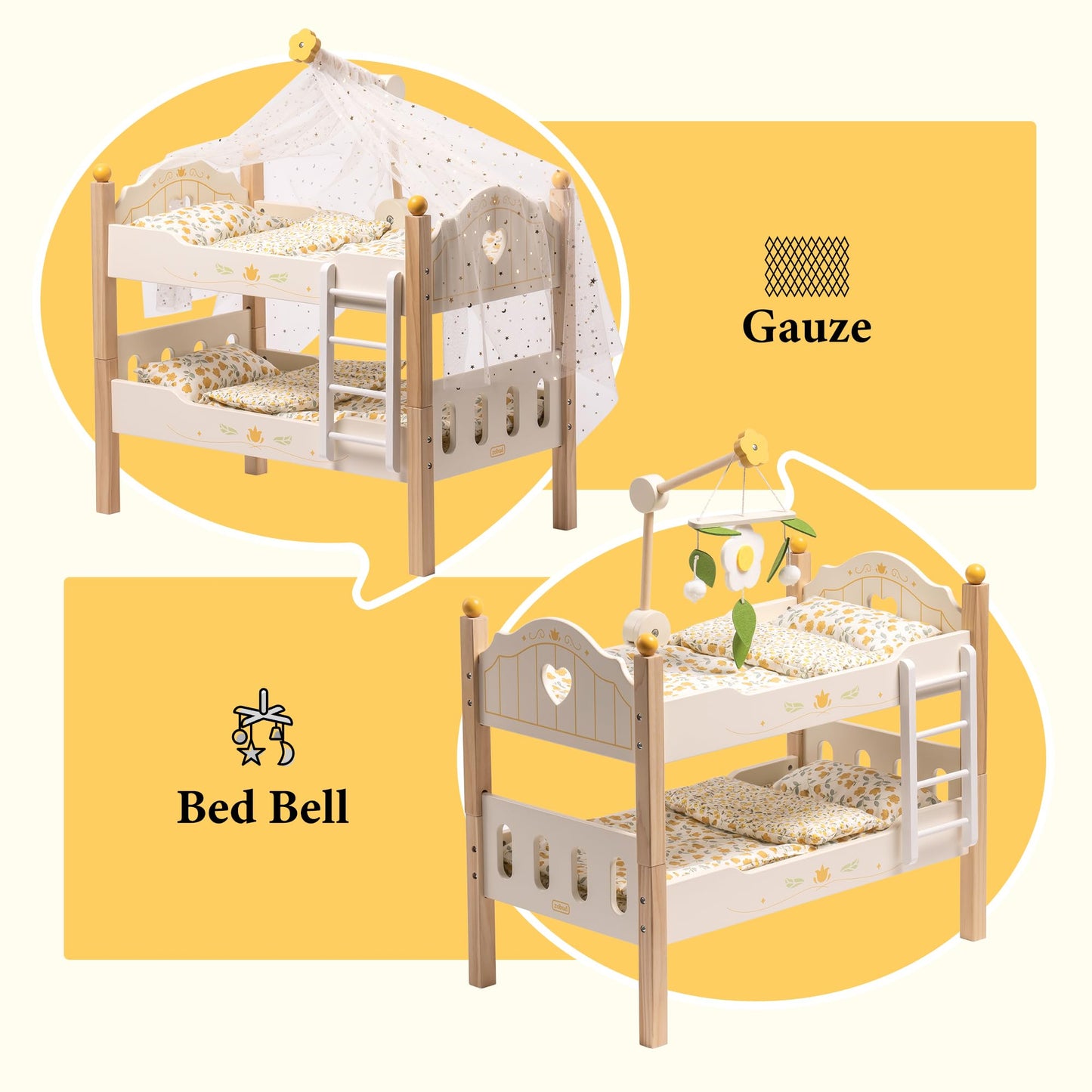 Holz Puppenbett 2-in-1 Etagenbett für 43 cm Puppen mit Zubehör