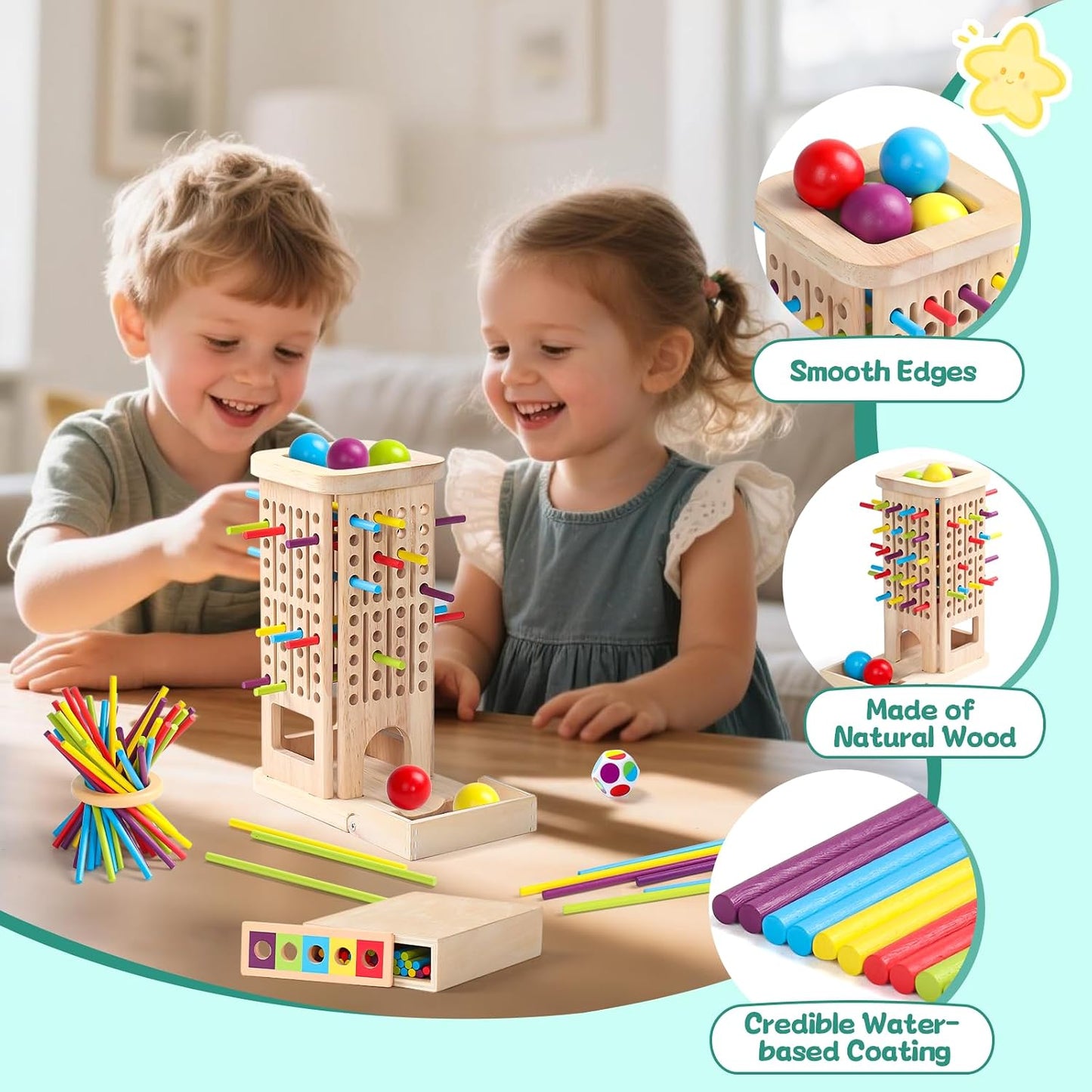 3-in-1 Holz-Stäbchenspiel – Farblernturm & Balancespiel ab 3 J.