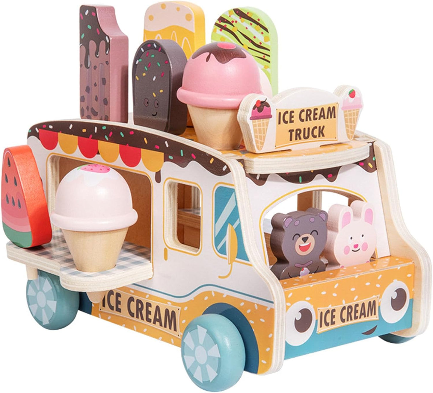 Fahrbarer Holz-Eiswagen mit Eiszubehör – Rollenspiel ab 3