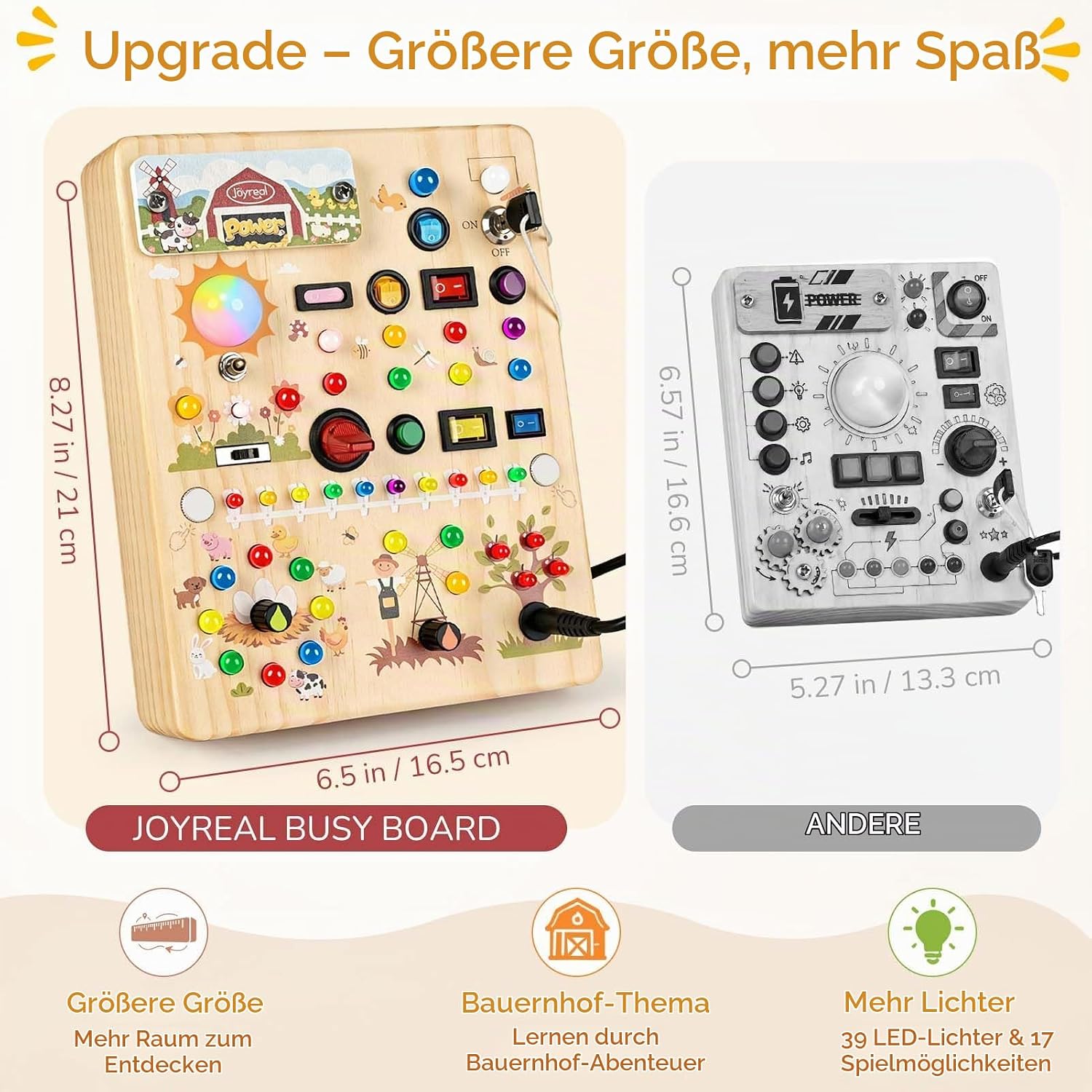 Joyreal Montessori Spielzeug Busy Board ab 1 Jahr, Holz Spielzeug Mit 39 Led Lichtern & 17 Schaltern, Motorikspielzeug Sensorik Spielzeug Lernspielzeug für 1 2 3 Jahre, Geschenk Junge Mädchen