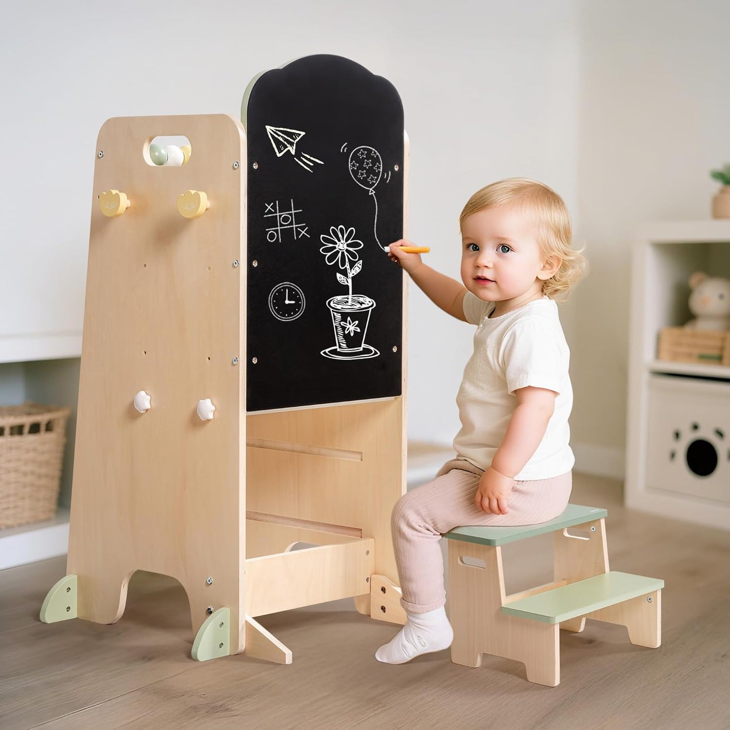 2-in-1 Lernturm aus Holz mit Kreidetafel & Tritthocker für Kinder