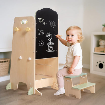 2-in-1 Lernturm aus Holz mit Kreidetafel & Tritthocker für Kinder