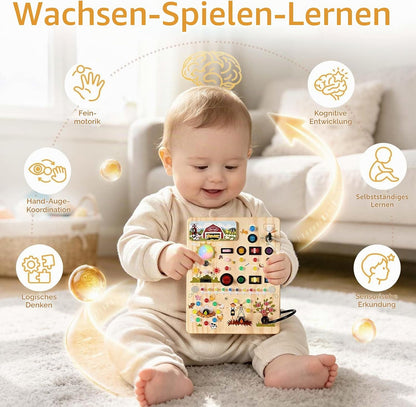 Joyreal Montessori Spielzeug Busy Board ab 1 Jahr, Holz Spielzeug Mit 39 Led Lichtern & 17 Schaltern, Motorikspielzeug Sensorik Spielzeug Lernspielzeug für 1 2 3 Jahre, Geschenk Junge Mädchen