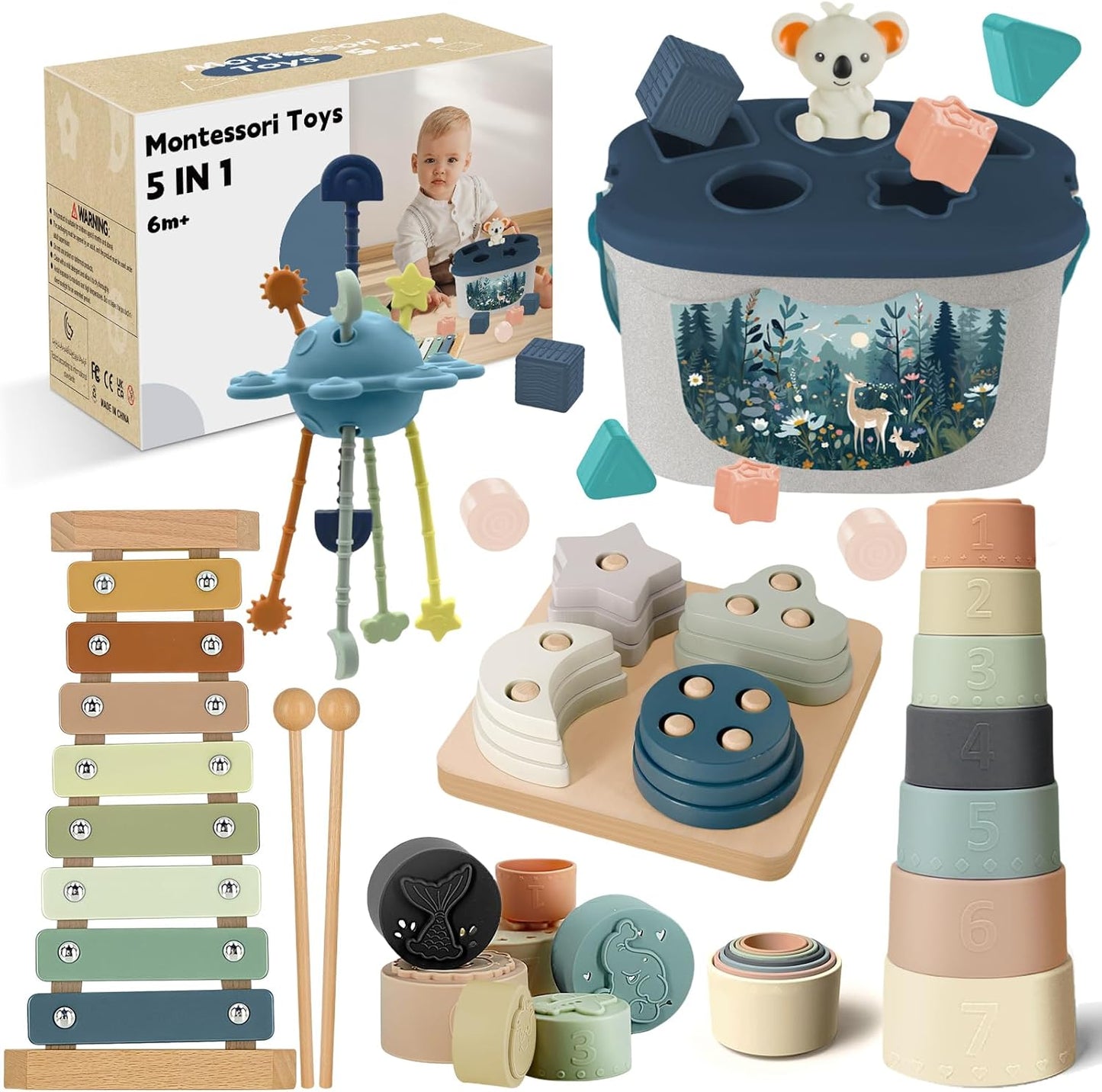 Jouet sensoriel Montessori 5-en-1 dès 6 mois – Boîte de tri, xylophone et gobelets empilables