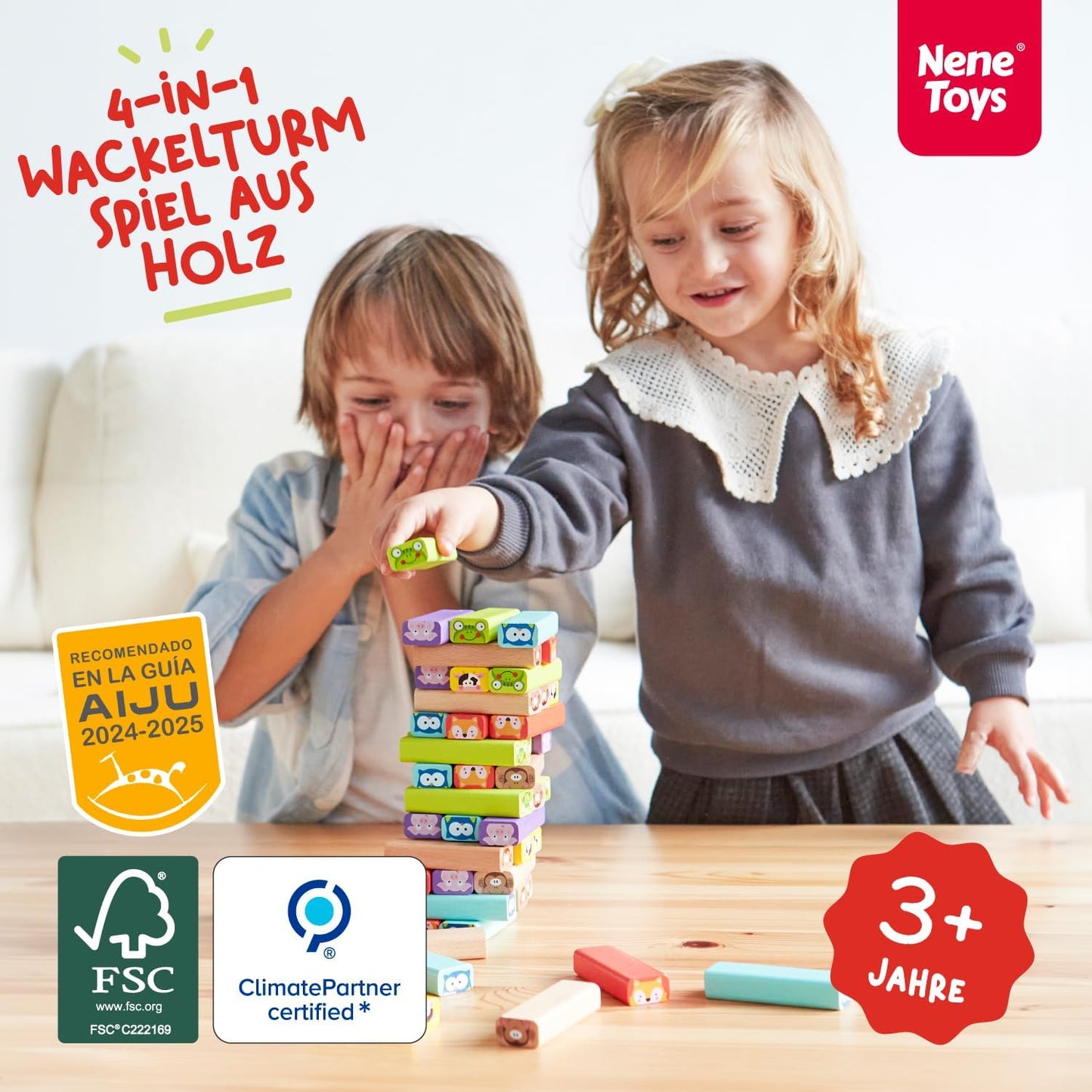 Nene Toys Pädagogisches Kinderspiel ab 3 Jahre - Wackelturm 4 in 1 aus Holz mit Farben und Tieren - Spielzeug für Mädchen und Jungs von 3 bis 9 Jahren - Stapelturm Holz Brettspiel