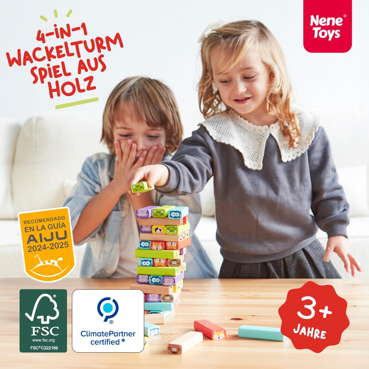 Nene Toys Pädagogisches Kinderspiel ab 3 Jahre - Wackelturm 4 in 1 aus Holz mit Farben und Tieren - Spielzeug für Mädchen und Jungs von 3 bis 9 Jahren - Stapelturm Holz Brettspiel