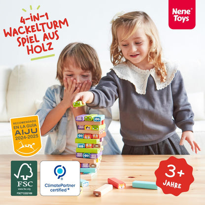 Nene Toys Pädagogisches Kinderspiel ab 3 Jahre - Wackelturm 4 in 1 aus Holz mit Farben und Tieren - Spielzeug für Mädchen und Jungs von 3 bis 9 Jahren - Stapelturm Holz Brettspiel
