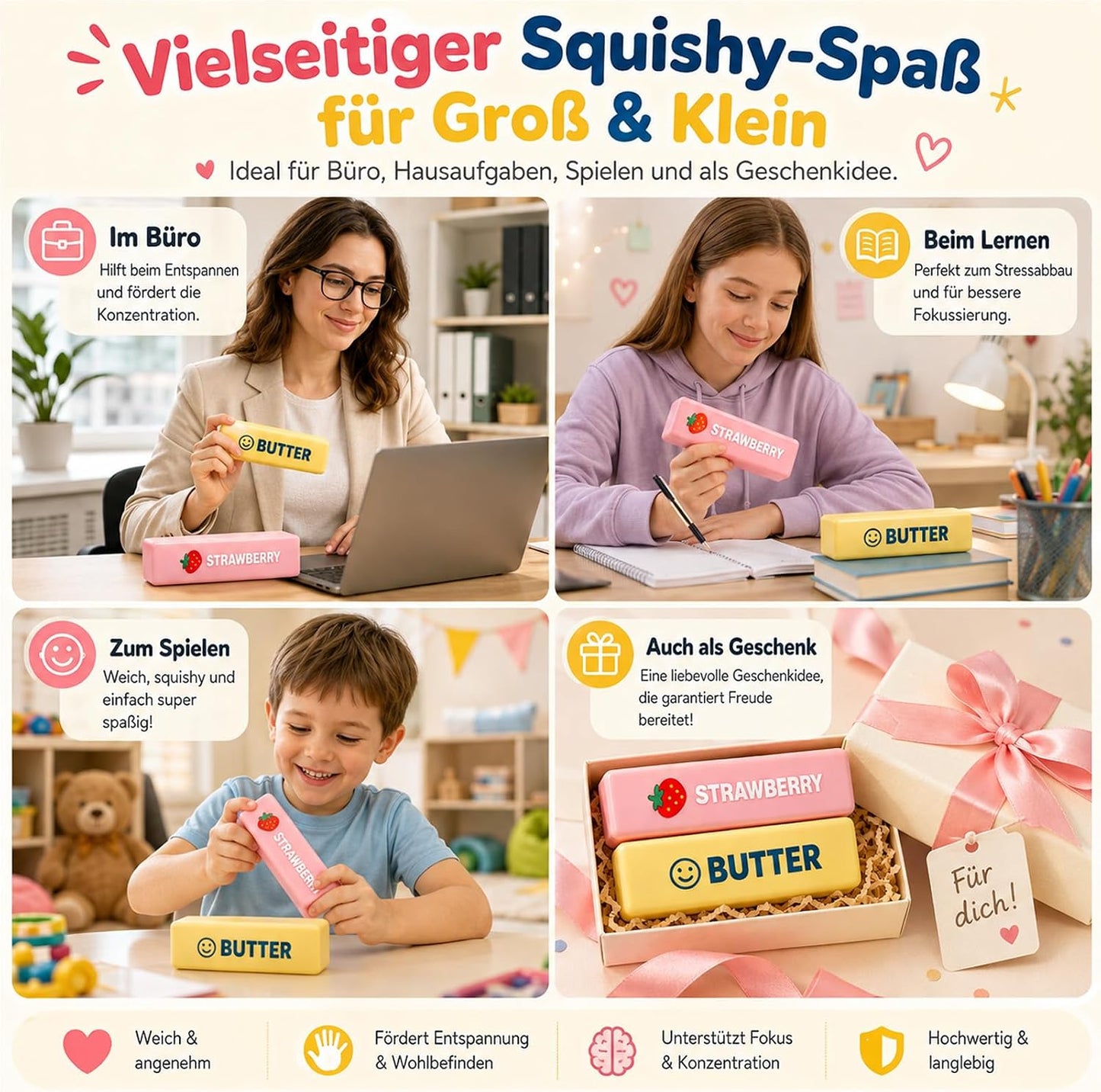 2 Stück Squishy Butter Erdbeere Slow Rising Quetschspielzeug Anti-Stress