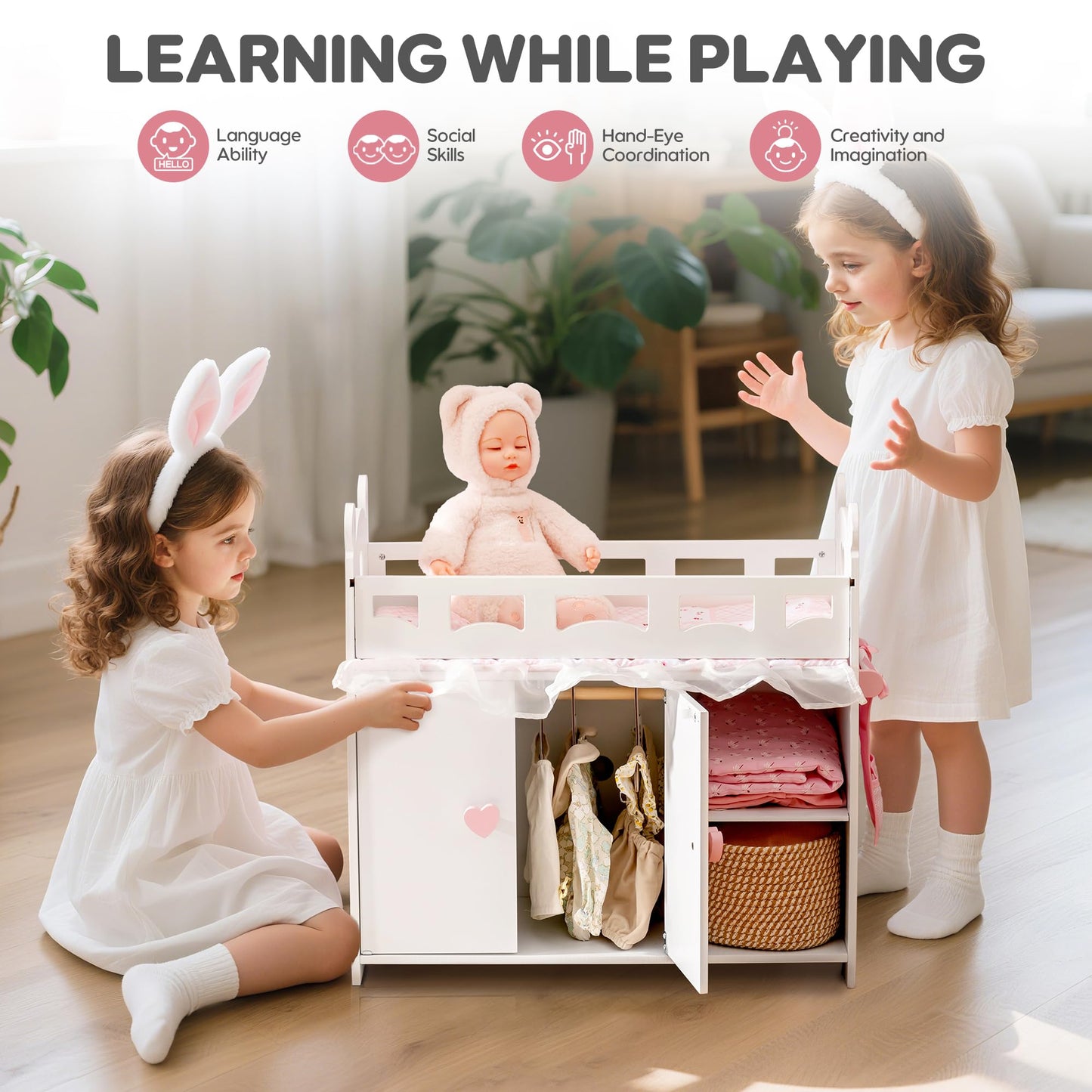 Puppenbett mit Kleiderschrank aus Holz – Spielmoebel fuer Puppen bis 55 cm