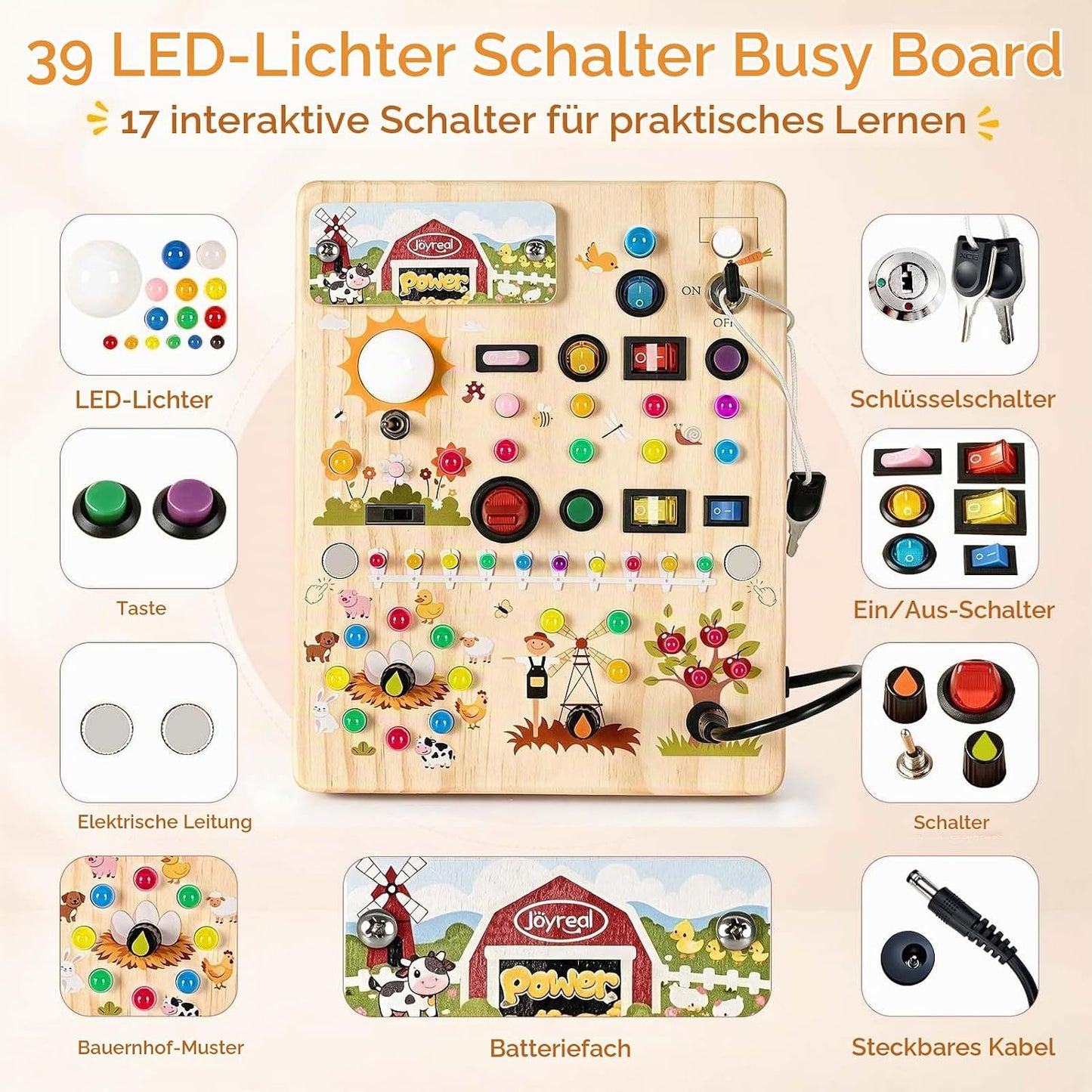 Joyreal Montessori Spielzeug Busy Board ab 1 Jahr, Holz Spielzeug Mit 39 Led Lichtern & 17 Schaltern, Motorikspielzeug Sensorik Spielzeug Lernspielzeug für 1 2 3 Jahre, Geschenk Junge Mädchen