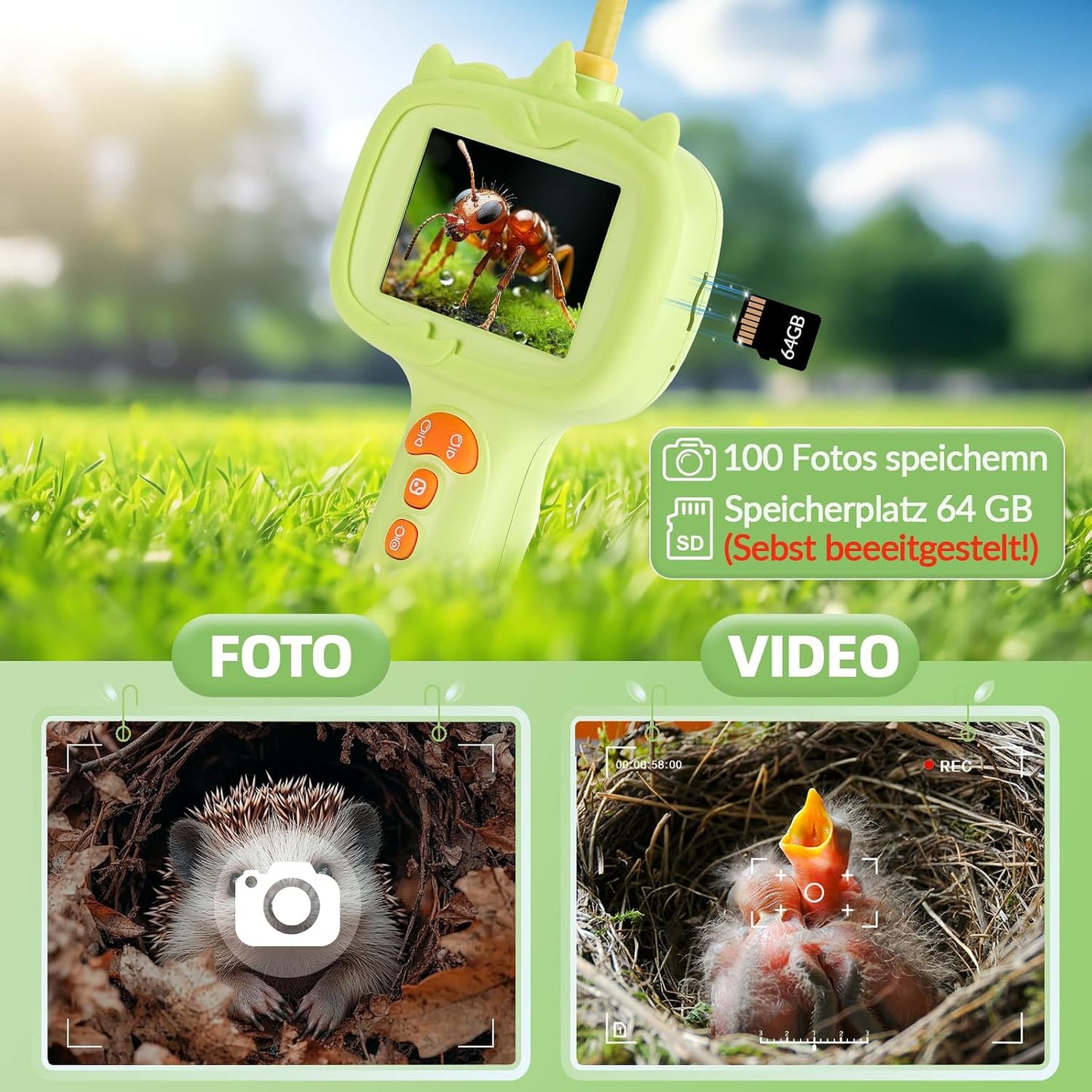 IP67 Endoskopkamera für Kinder – 1m Kabel, 2,4" IPS-Display & 8 LED