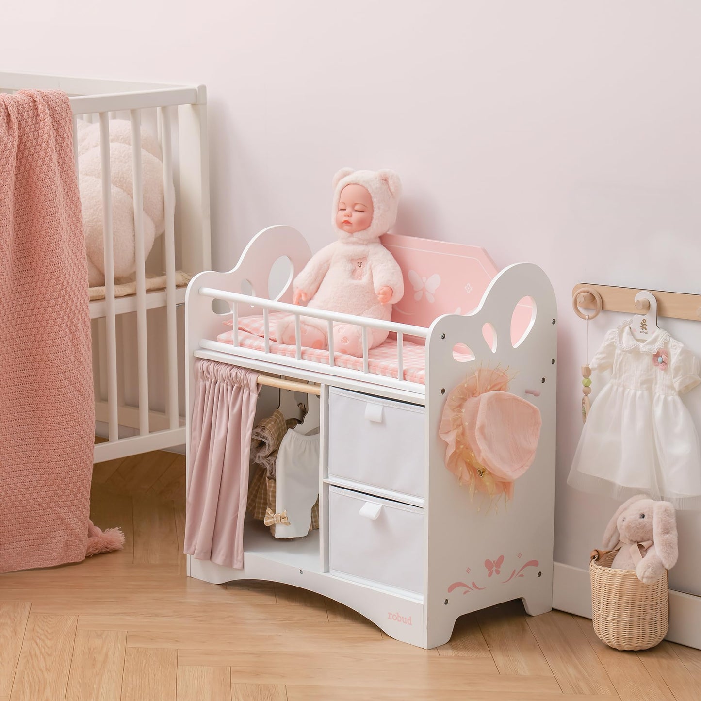 Holz Puppenbett mit Kleiderschrank