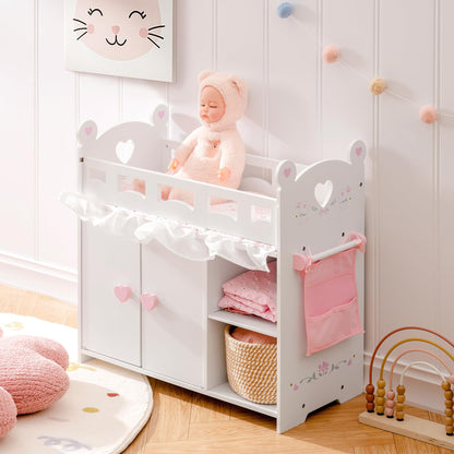 Puppenbett mit Kleiderschrank aus Holz – Spielmoebel fuer Puppen bis 55 cm