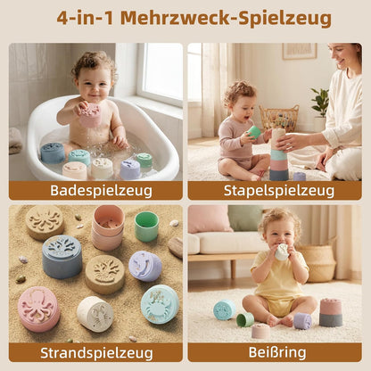 Baby Stapelbecher Spielzeug Für 3 6 12 Monate+, Silikon Stapelturm mit 7 Bechern, Mit Einzigartiger Meereslebewesen-Gravur Und Erhabenen Zahlen, Für Badespaß, Geschenke Für Jungen & Mädchen Ab 1 Jahr