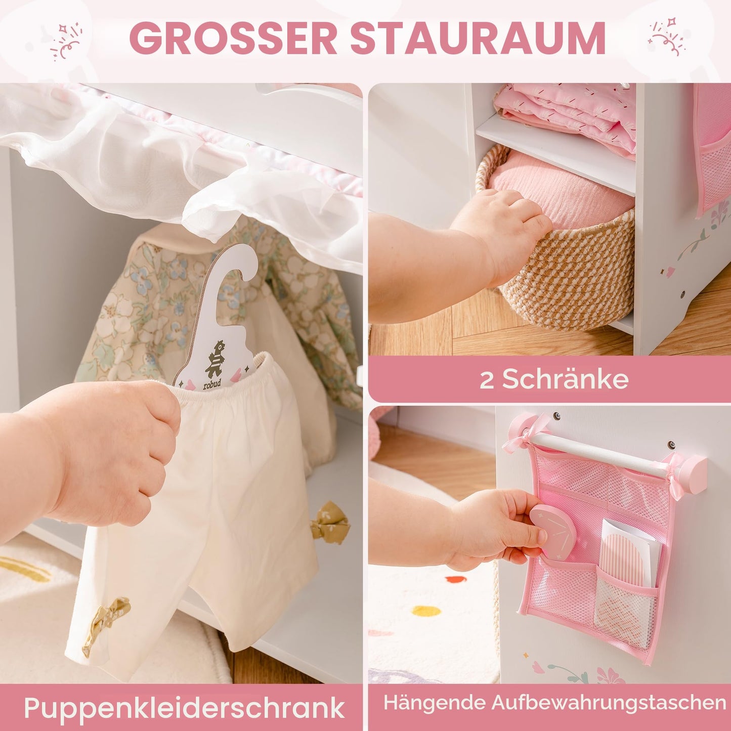Puppenbett mit Kleiderschrank aus Holz – Spielmoebel fuer Puppen bis 55 cm