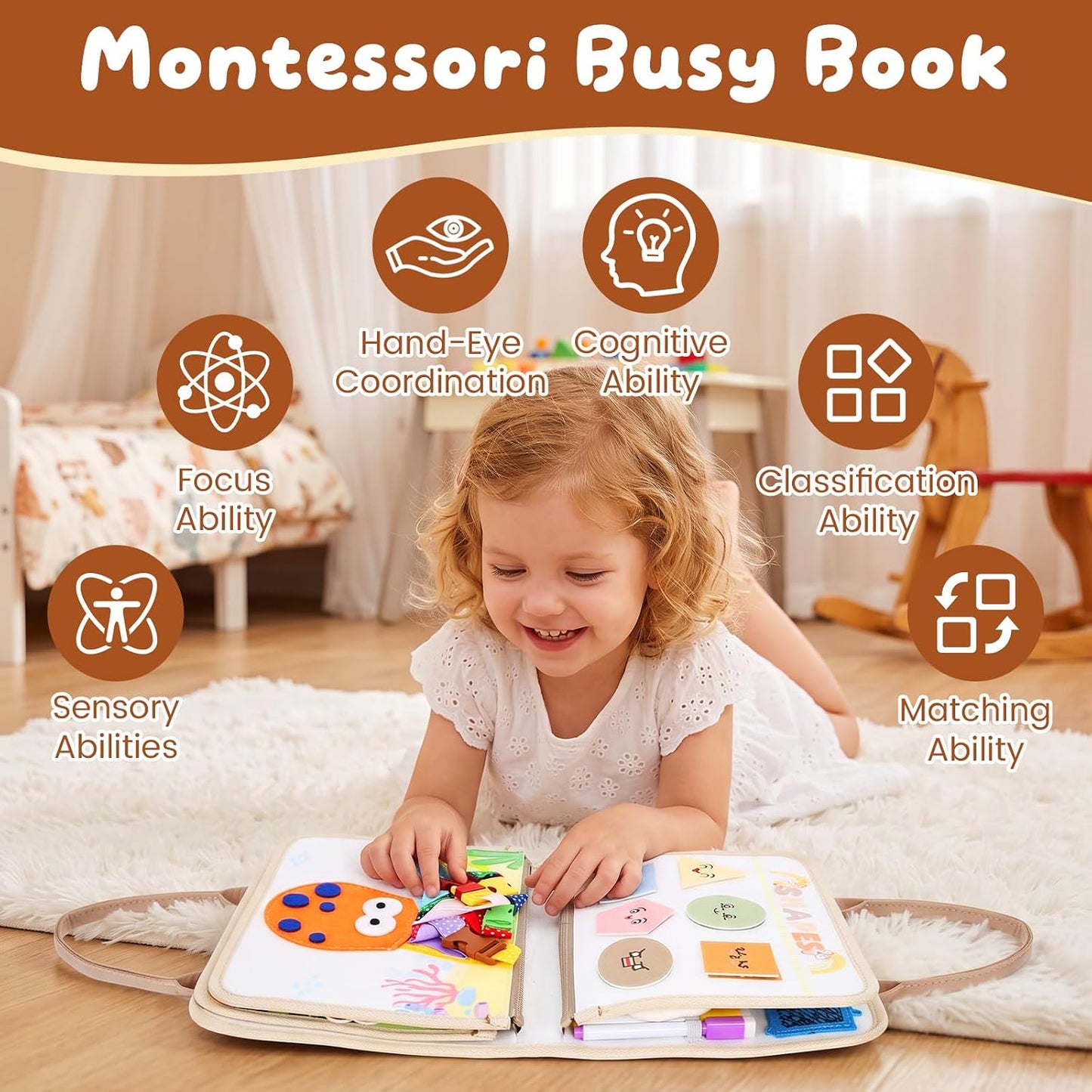 Montessori Spielzeug ab 1 Jahr, Busy Book Waldthema, 9 in1 Busy Board