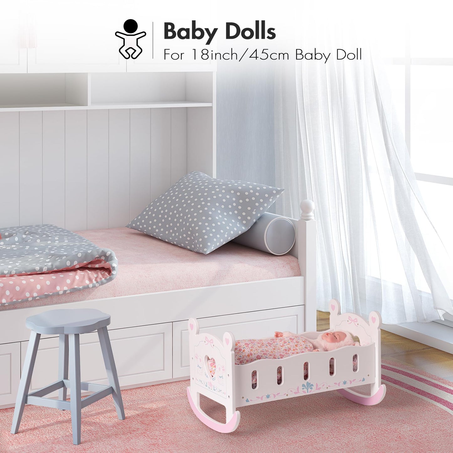 Puppenbett mit Kleiderschrank aus Holz – Spielmoebel fuer Puppen bis 55 cm