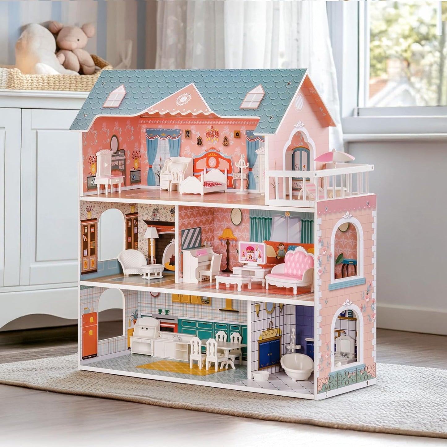 Maison de poupée princesse à 3 étages pour filles avec 28 meubles