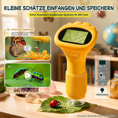 GeschenPark Digitales Mikroskop für Kinder mit 25 Entdeckerkarten, 1000X Vergrößerung, 2-Zoll-1080P-HD-Display, Spielzeug ab 3-12 Jahre Jungen Mädchen, Geschenk für Kinder